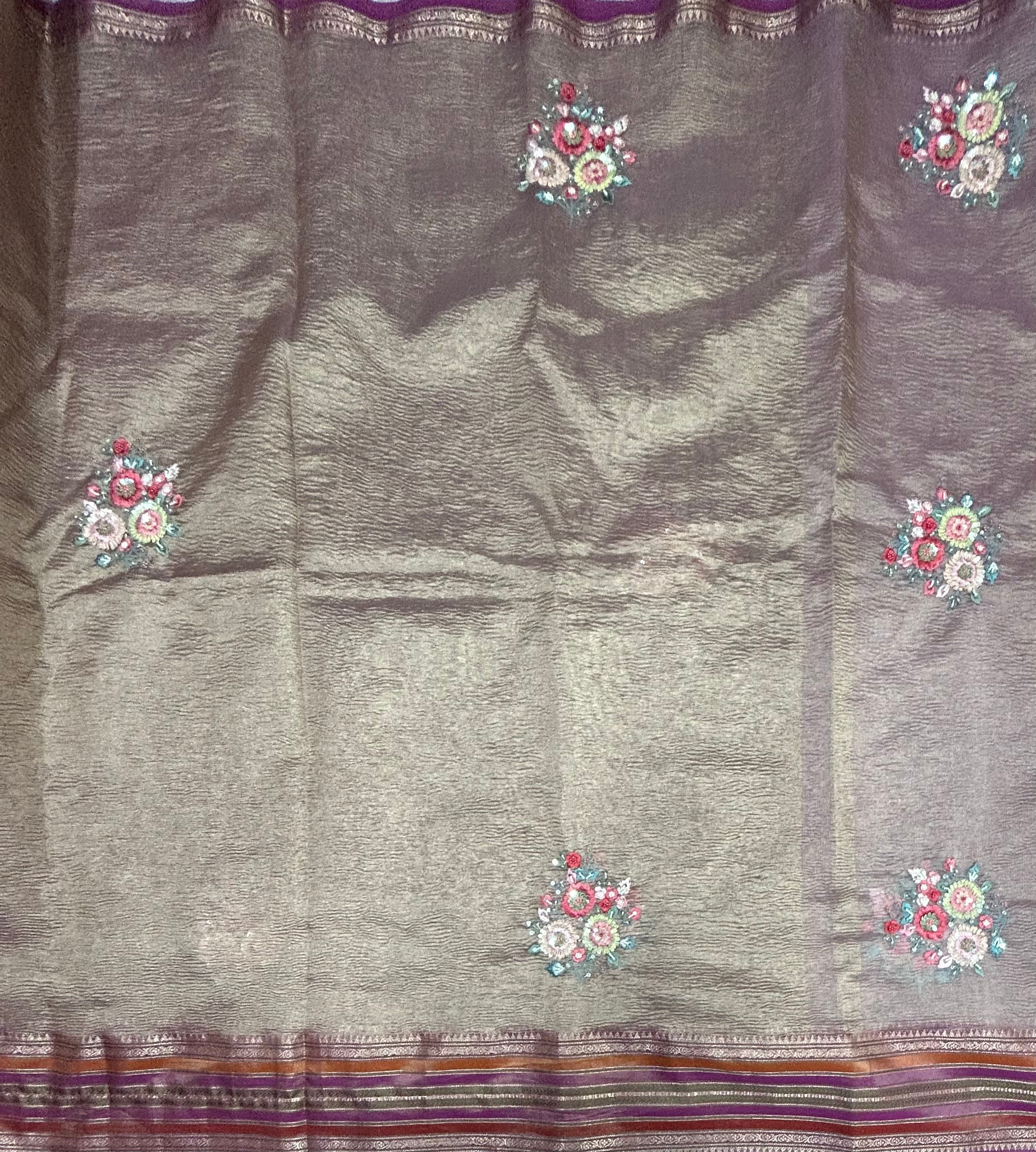 Pink crush tissue embroidery work saree