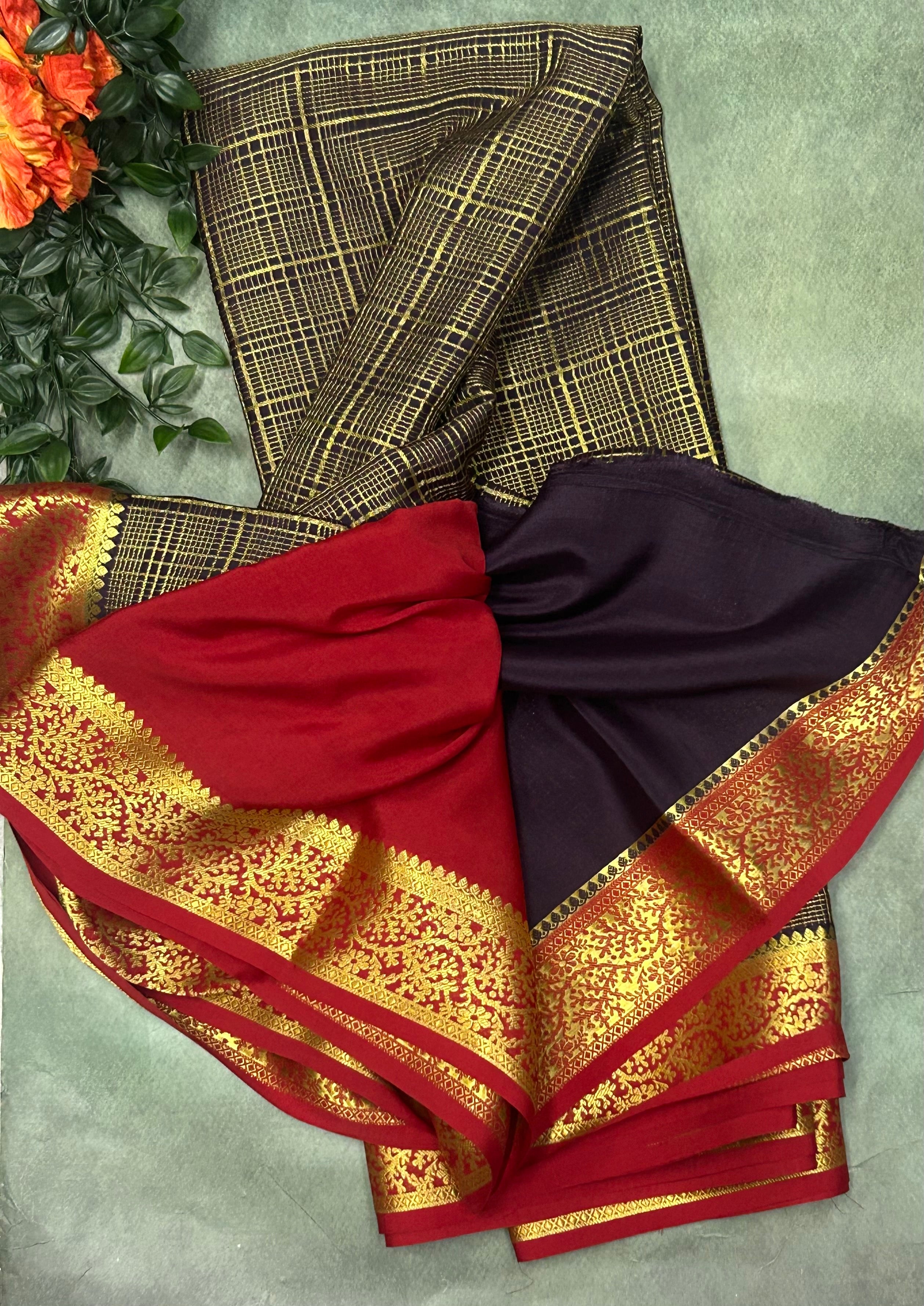 Navy blue n red checks brocade Pure Mysore silk crepe 103 Saree