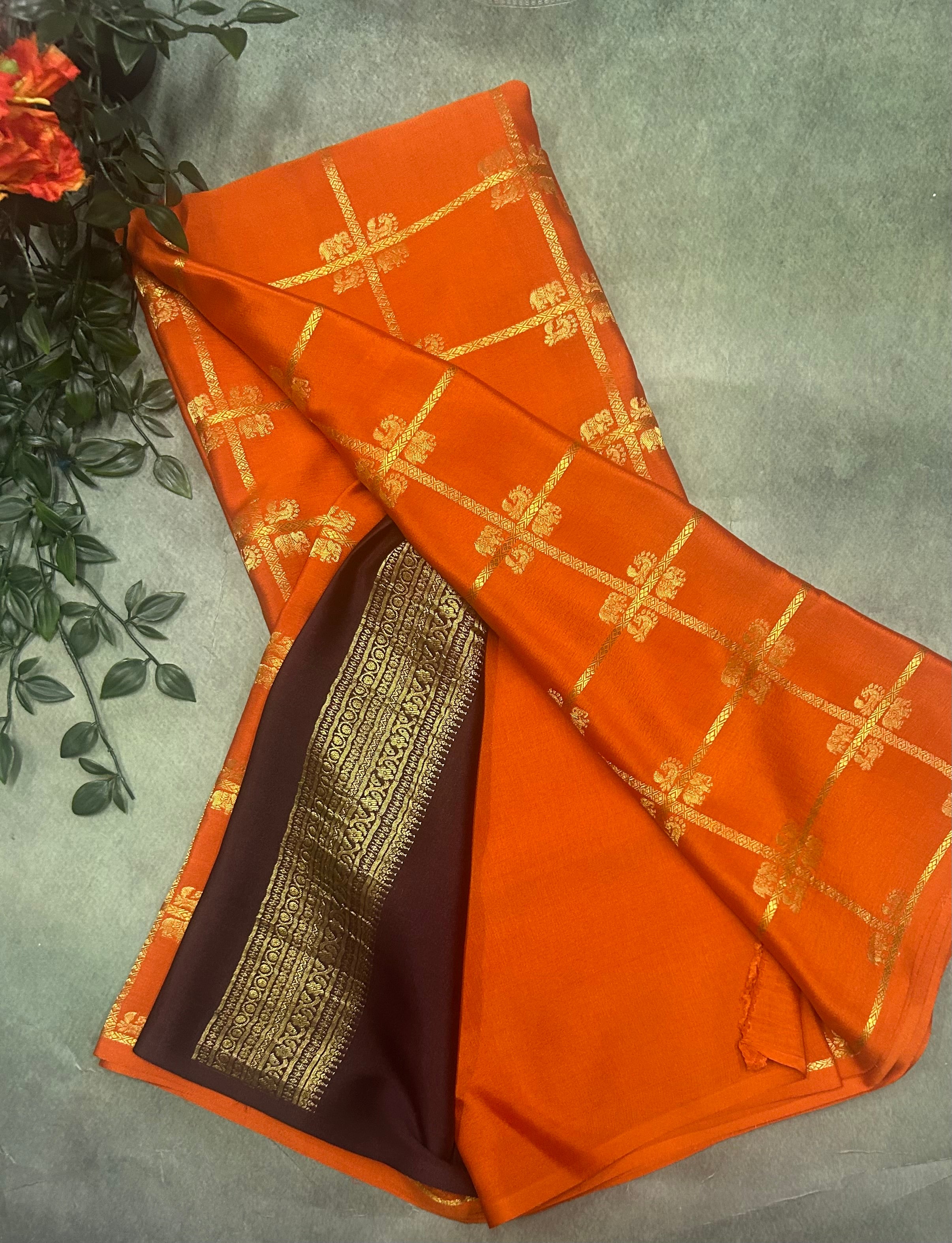 Orange contrast ST checks borderless pure mysore silk-105 saree