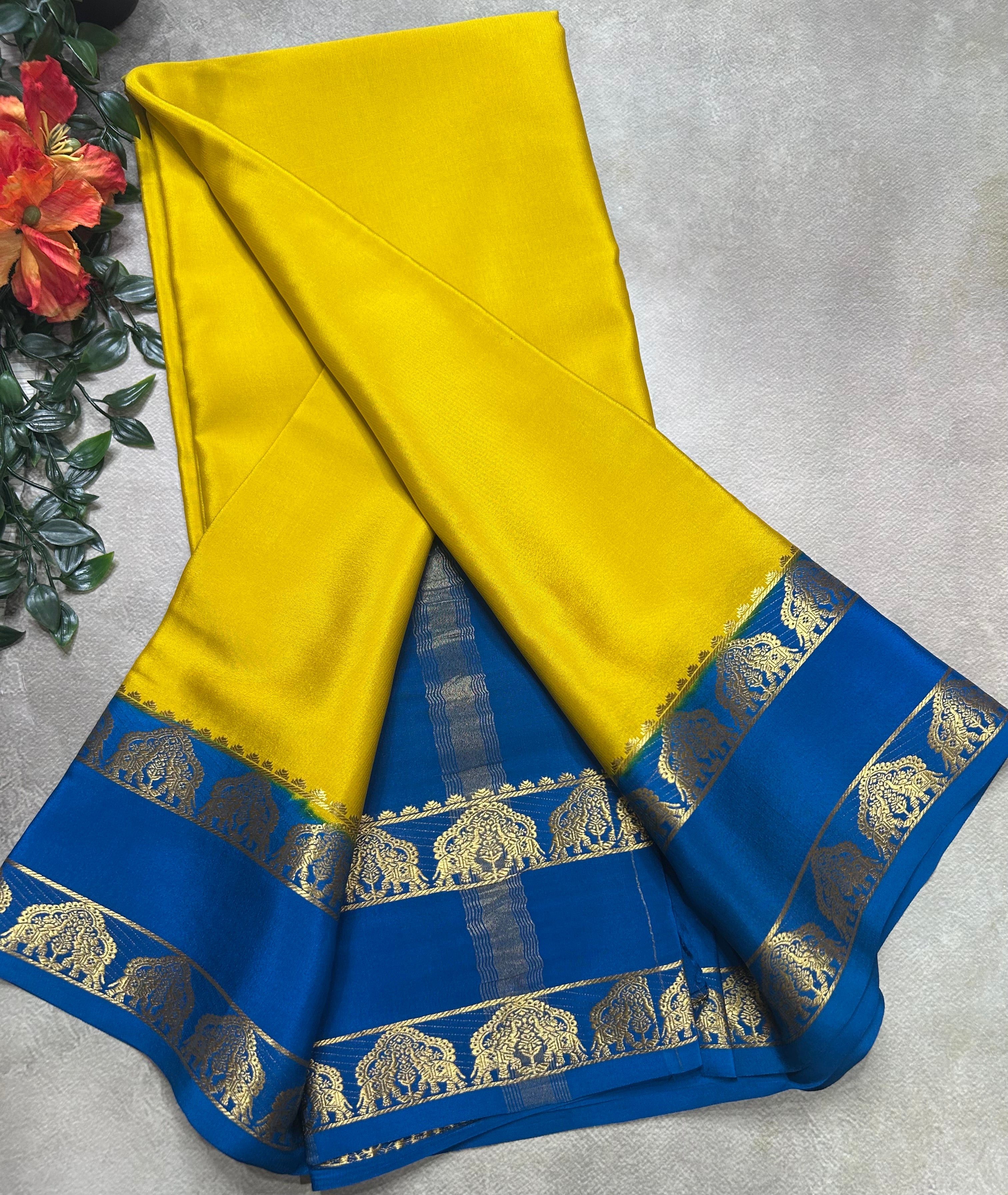 Yellow bentex border pure mysore silk saree(MSC106)