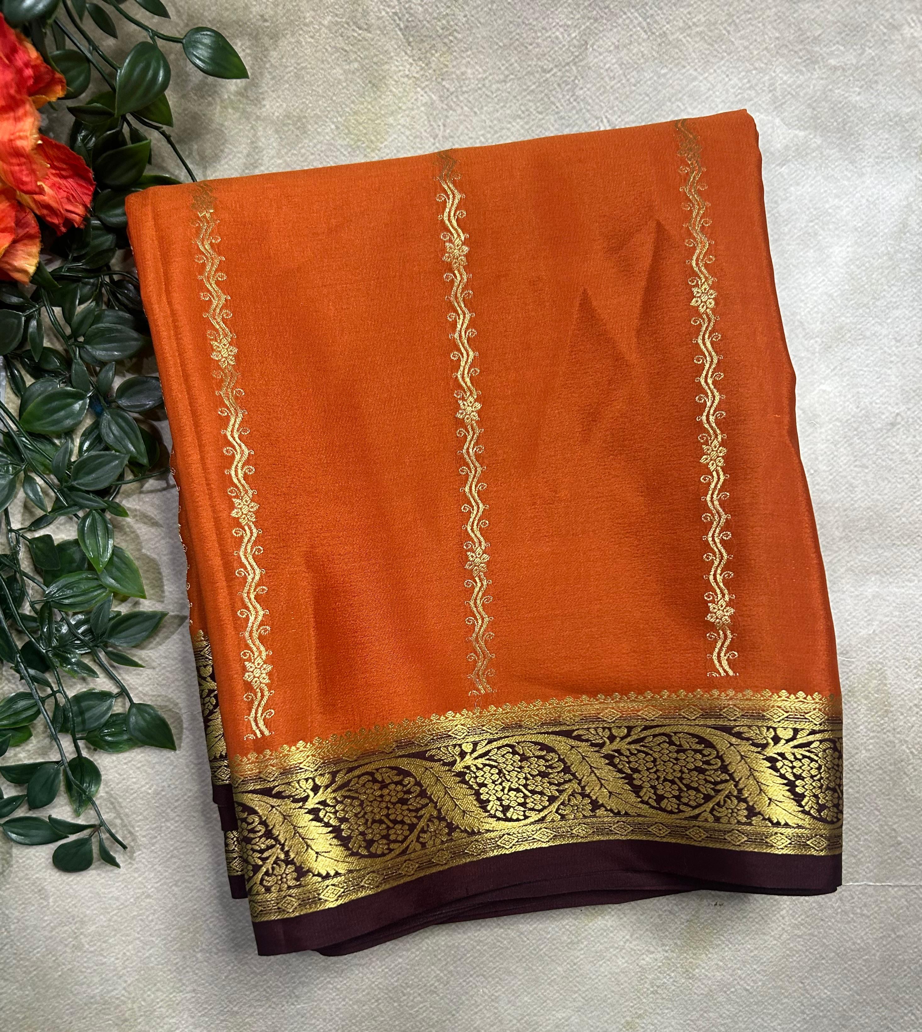 Rust orange stripes pure Mysore silk 106 saree