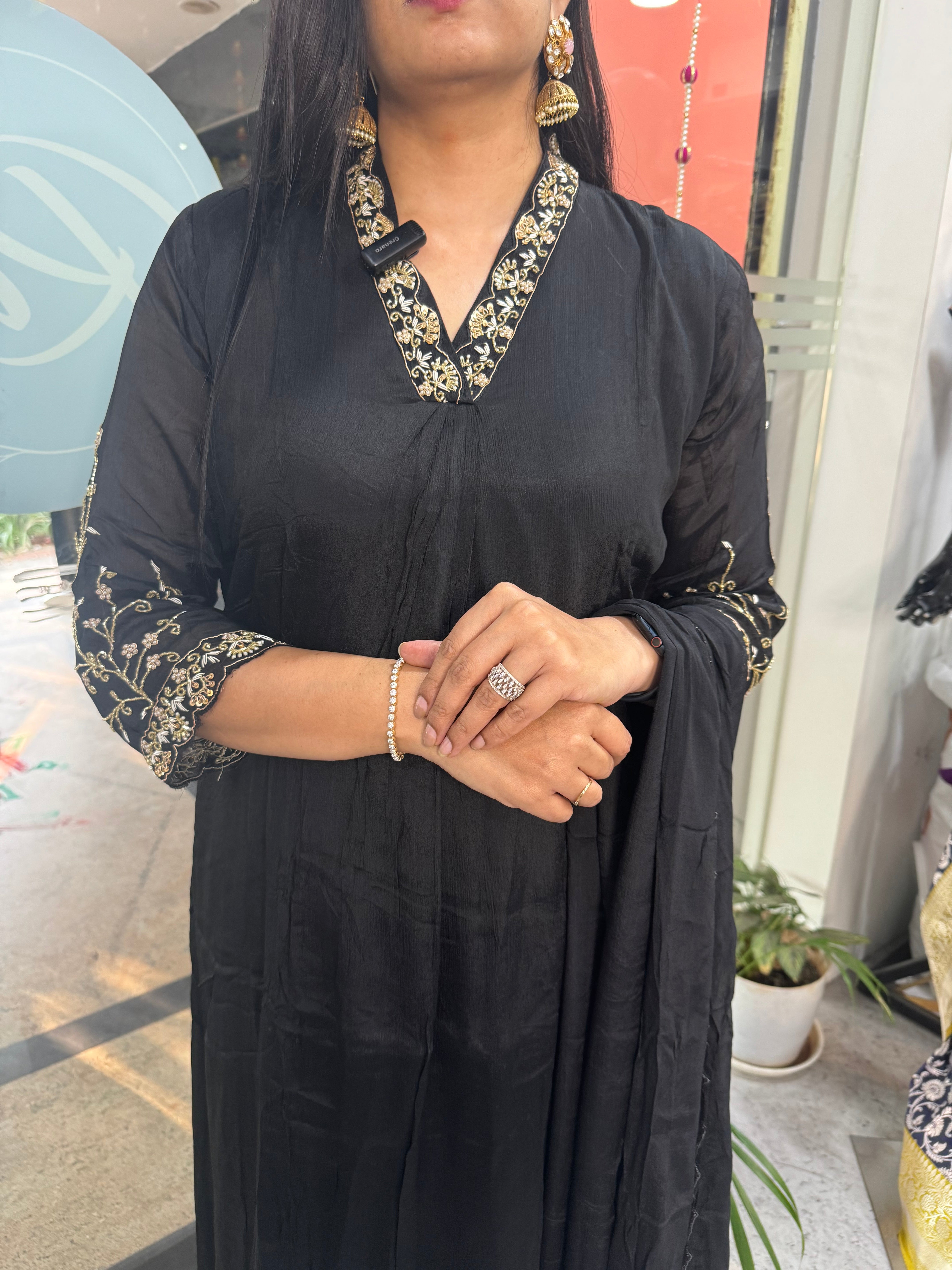 Black chinnon 11 Airline  handwork Kurtha