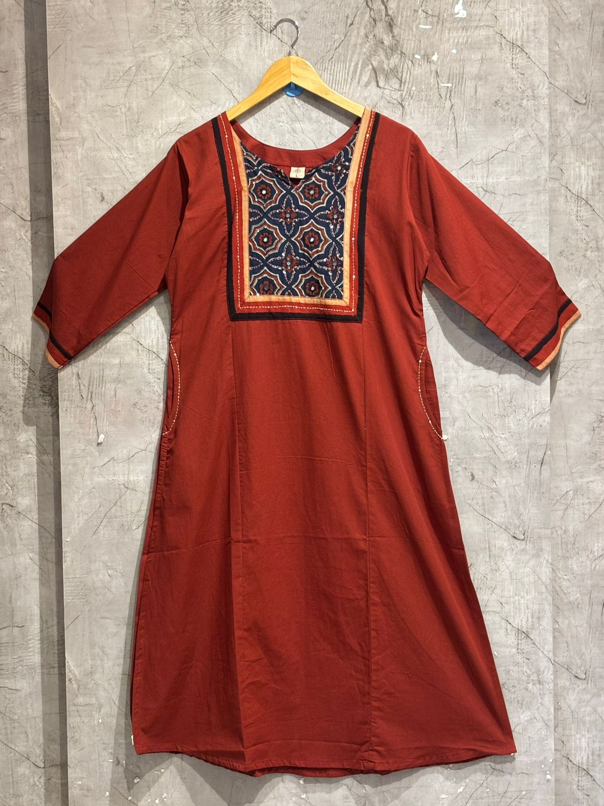 Brown Cotton embroidery straight fit Kurtha set