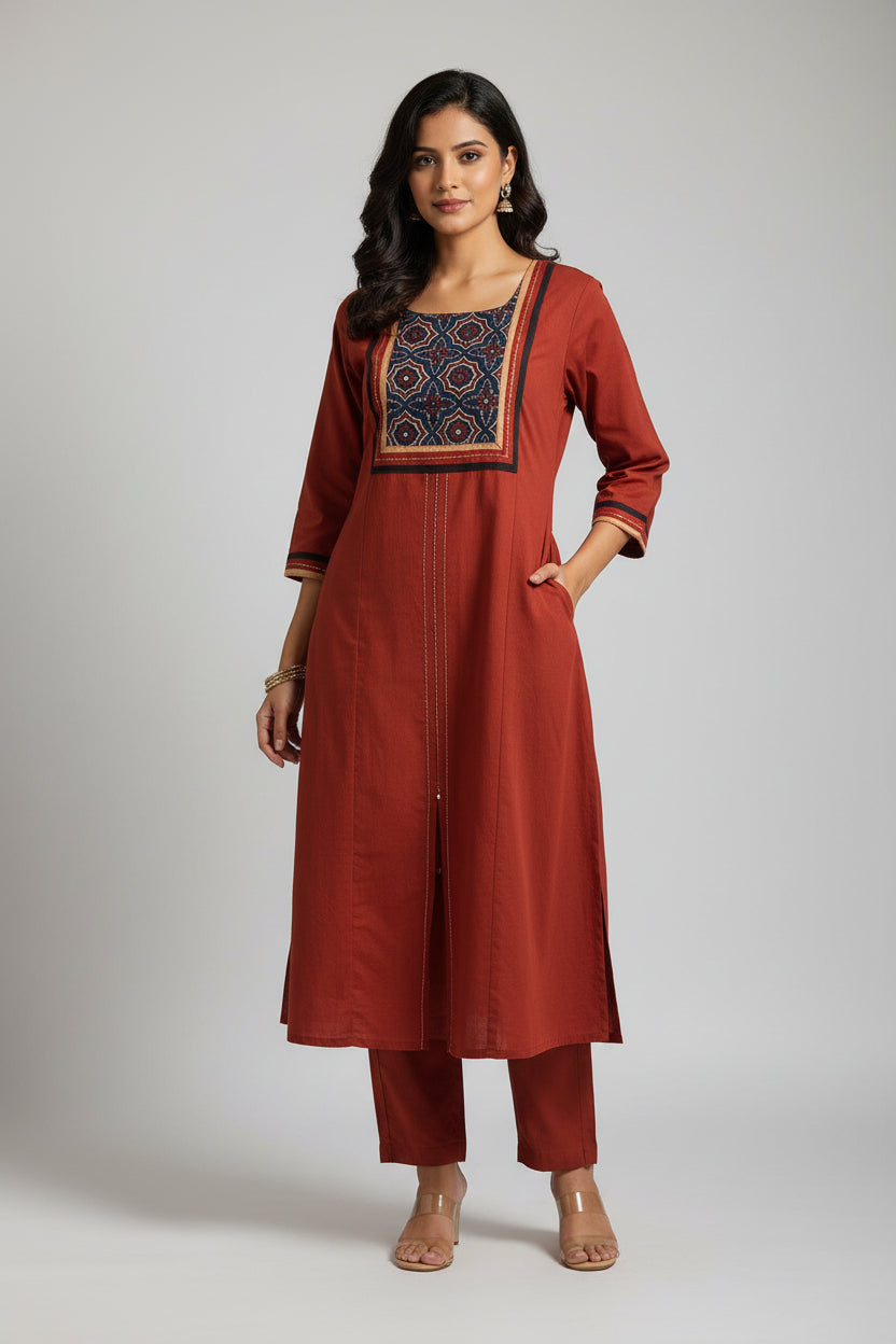 Brown Cotton embroidery straight fit Kurtha set