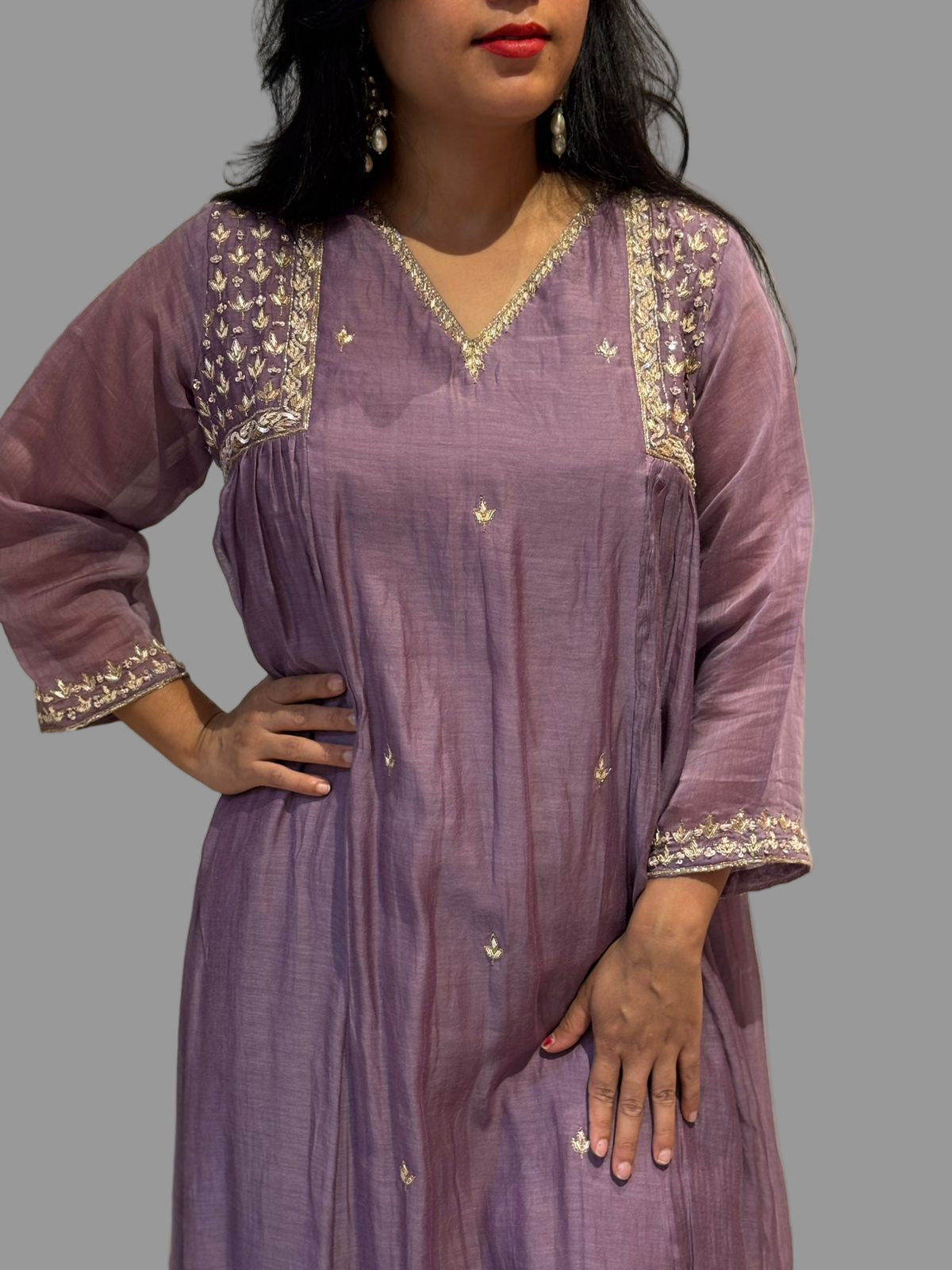 Lilac Mul Chanderi Hand Embroidery Airline Kurtha 666