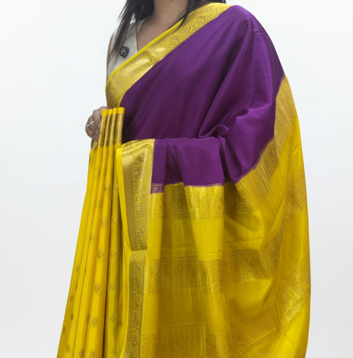 Purple n yellow partly pallu pure Mysore silk saree PP106