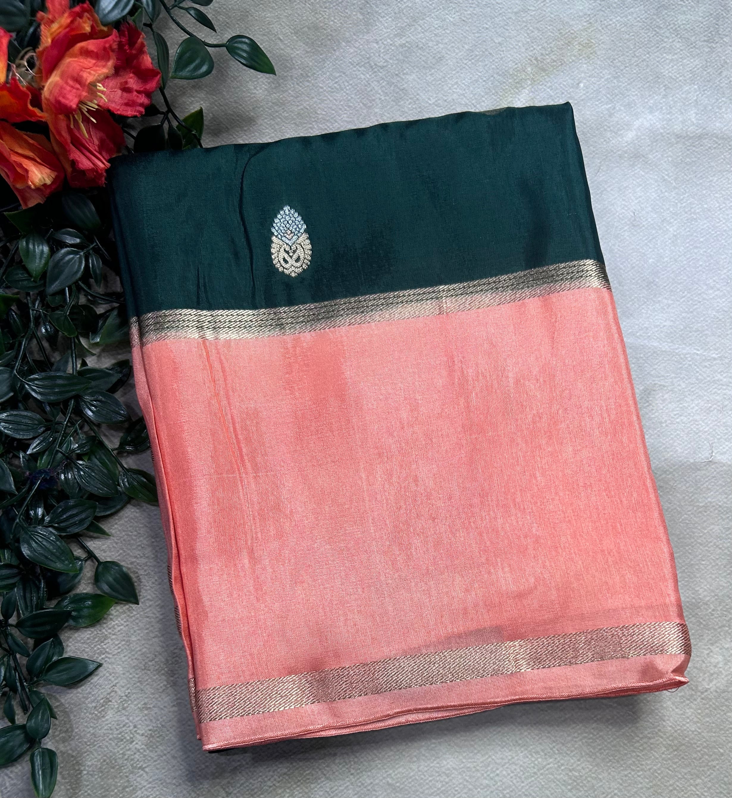 Bottle green bentex border semi Mysore crepe 106 saree