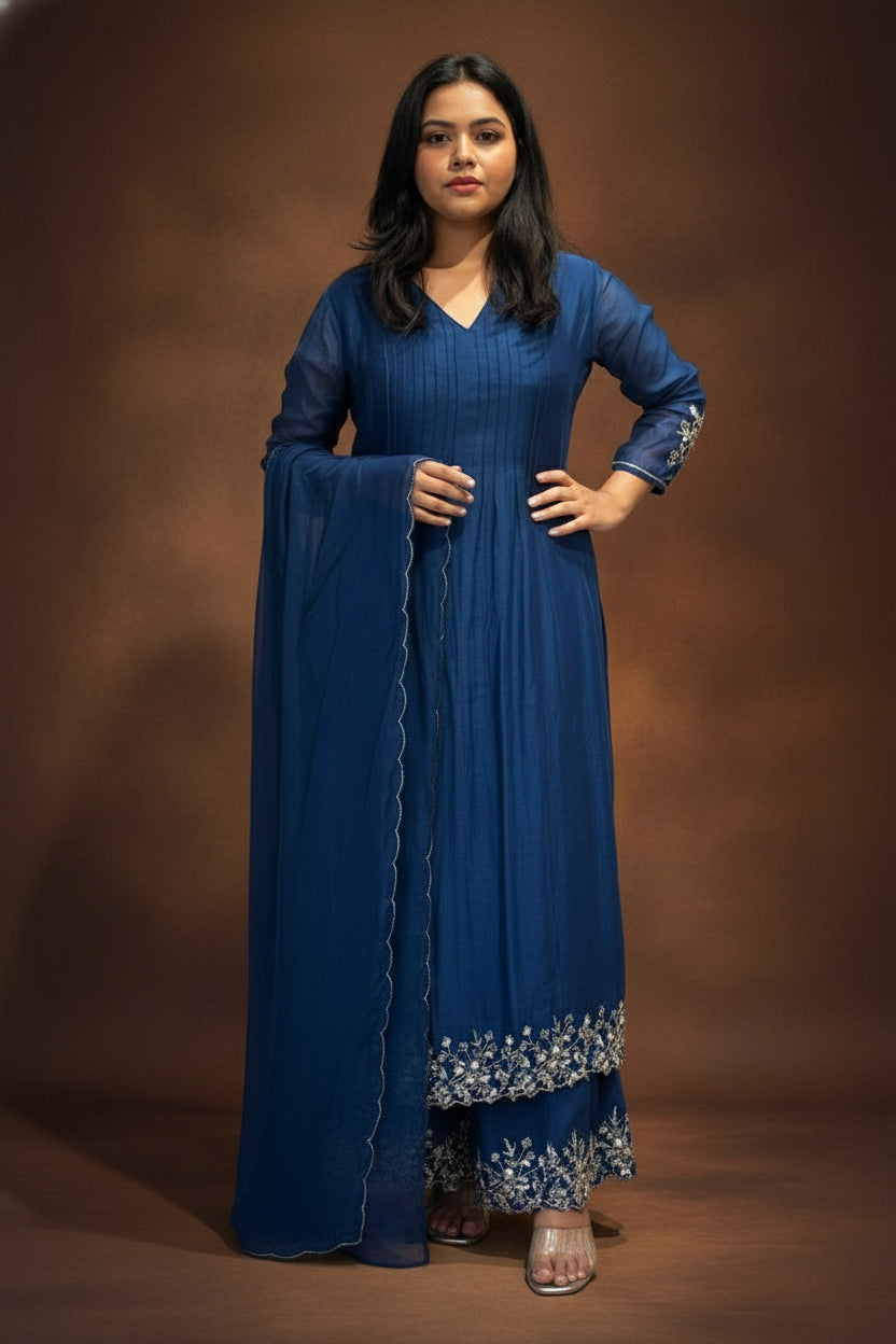 Blue Mul Chanderi Hand Embroidery Anarkali Kurtha 131