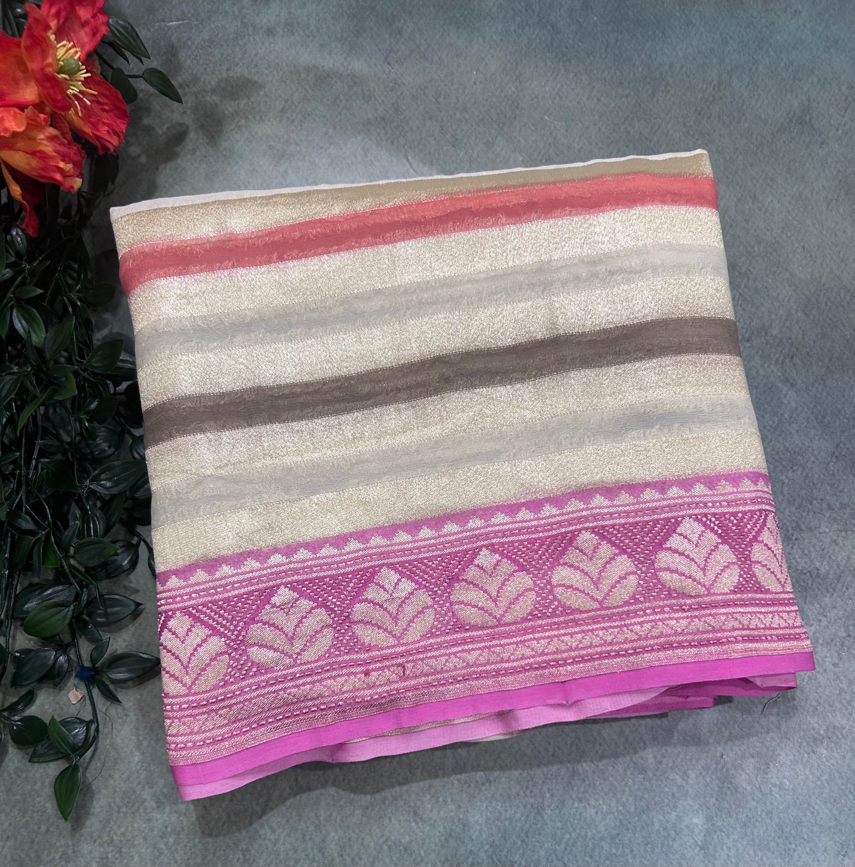 Cream rankart stripes pure Tussar georgette-106 saree