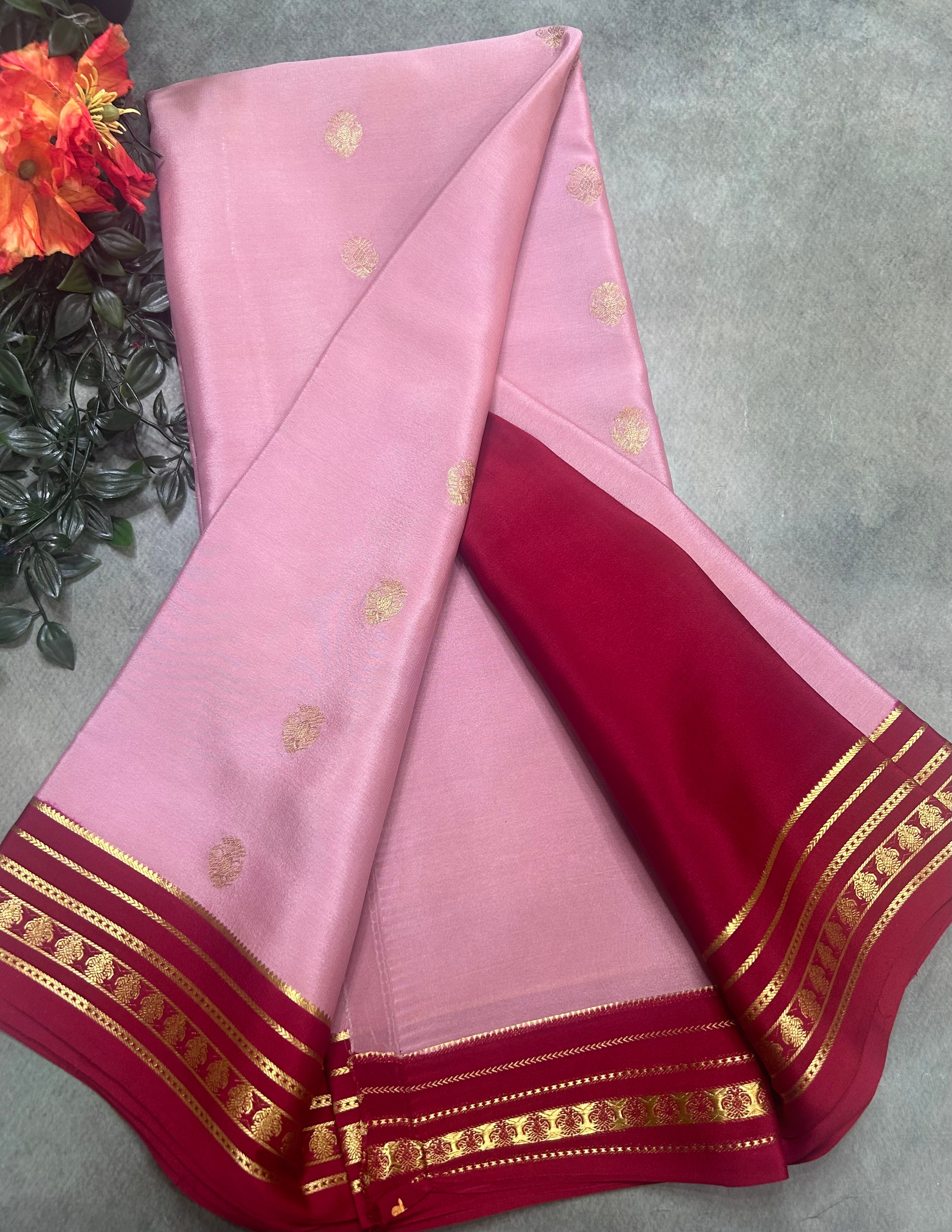 Pastel pink stripes border pure Mysore silk 106 saree