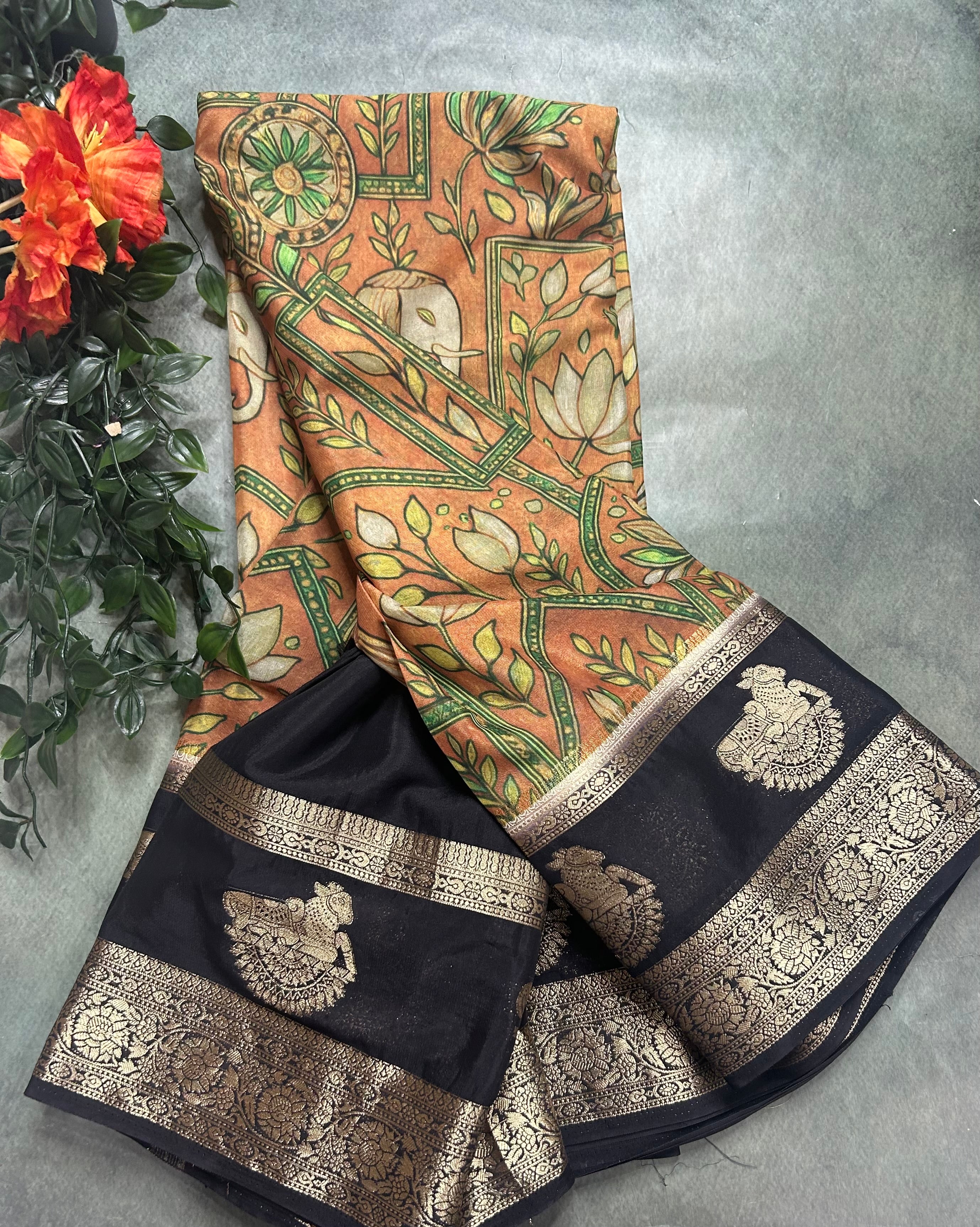 Multicolour bentex border printed semi Mysore 105 saree