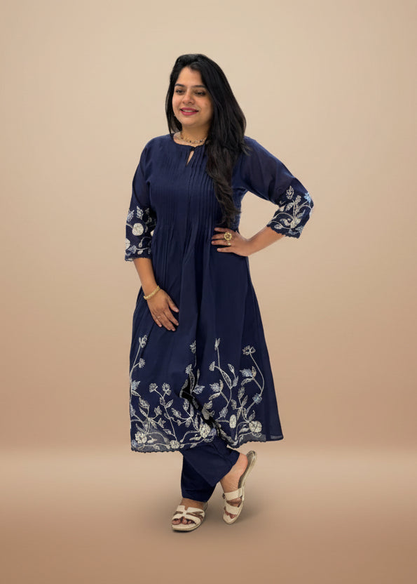 Dark Blue Cotton Hand Embroidery Cord Set Kurtha 487