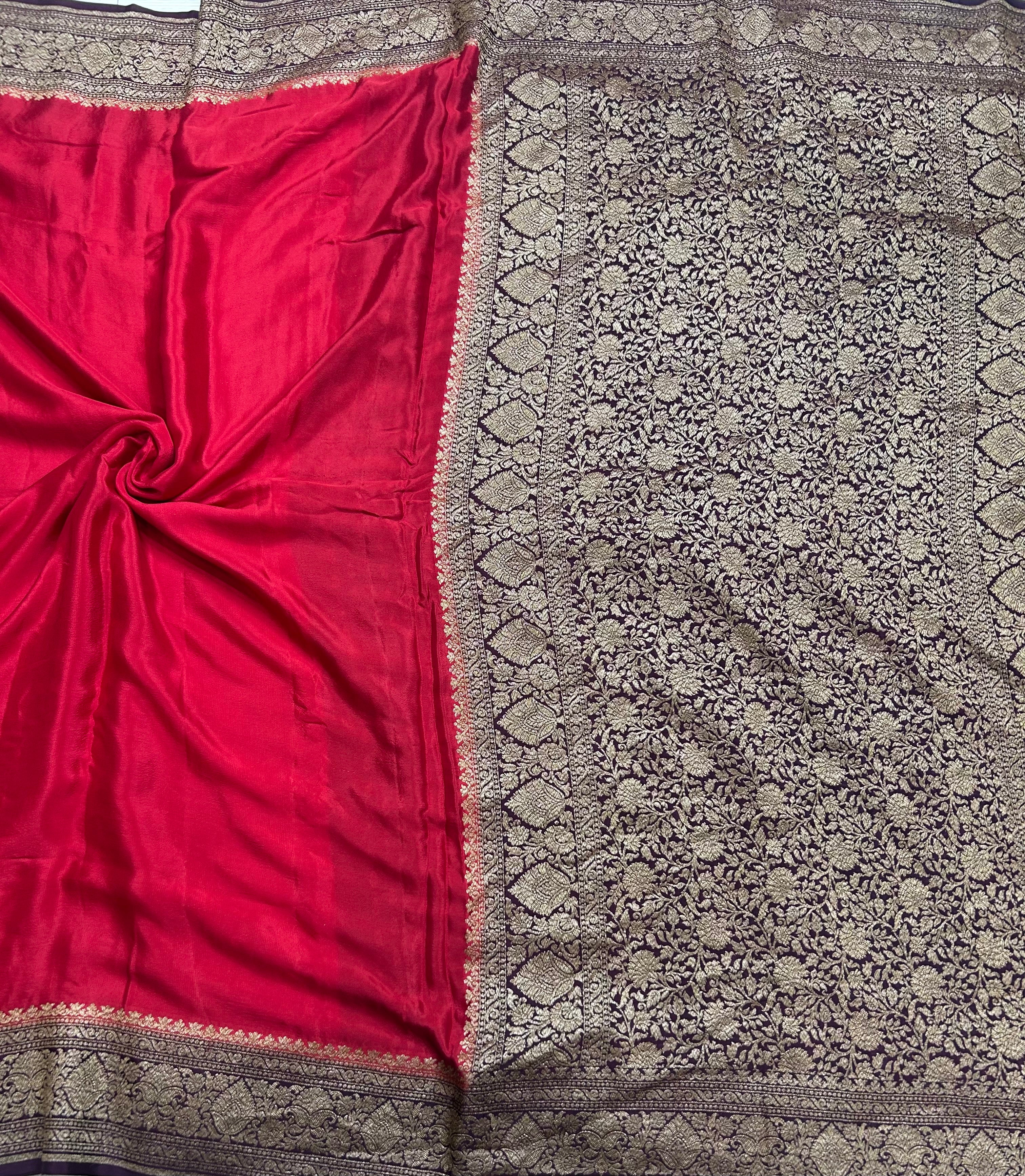 Red plain pure benarasi 106 crepe silk saree