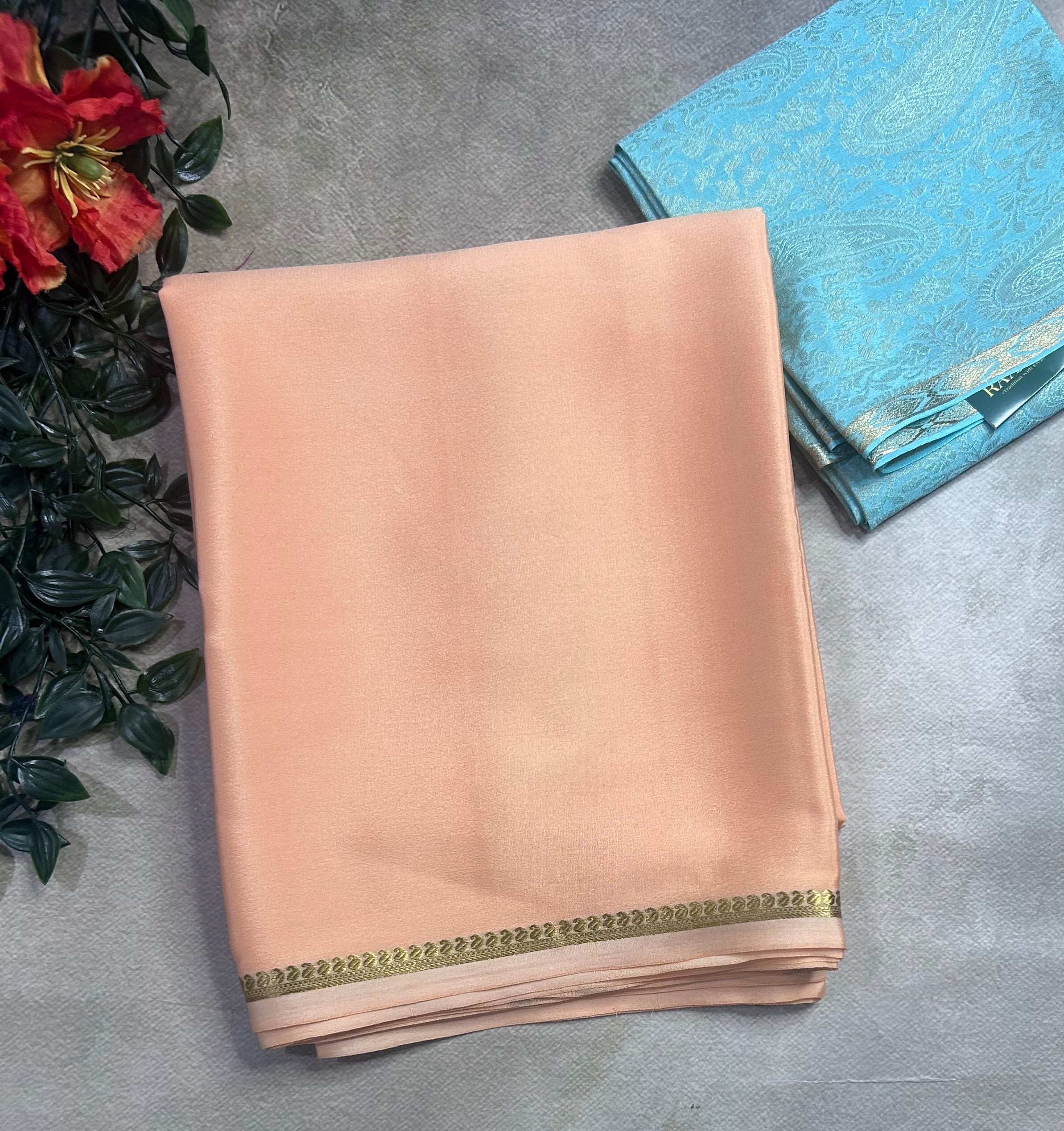 Light peach plain pure mysore crepe silk saree with Mysore brocade blouse piece(MSM106)
