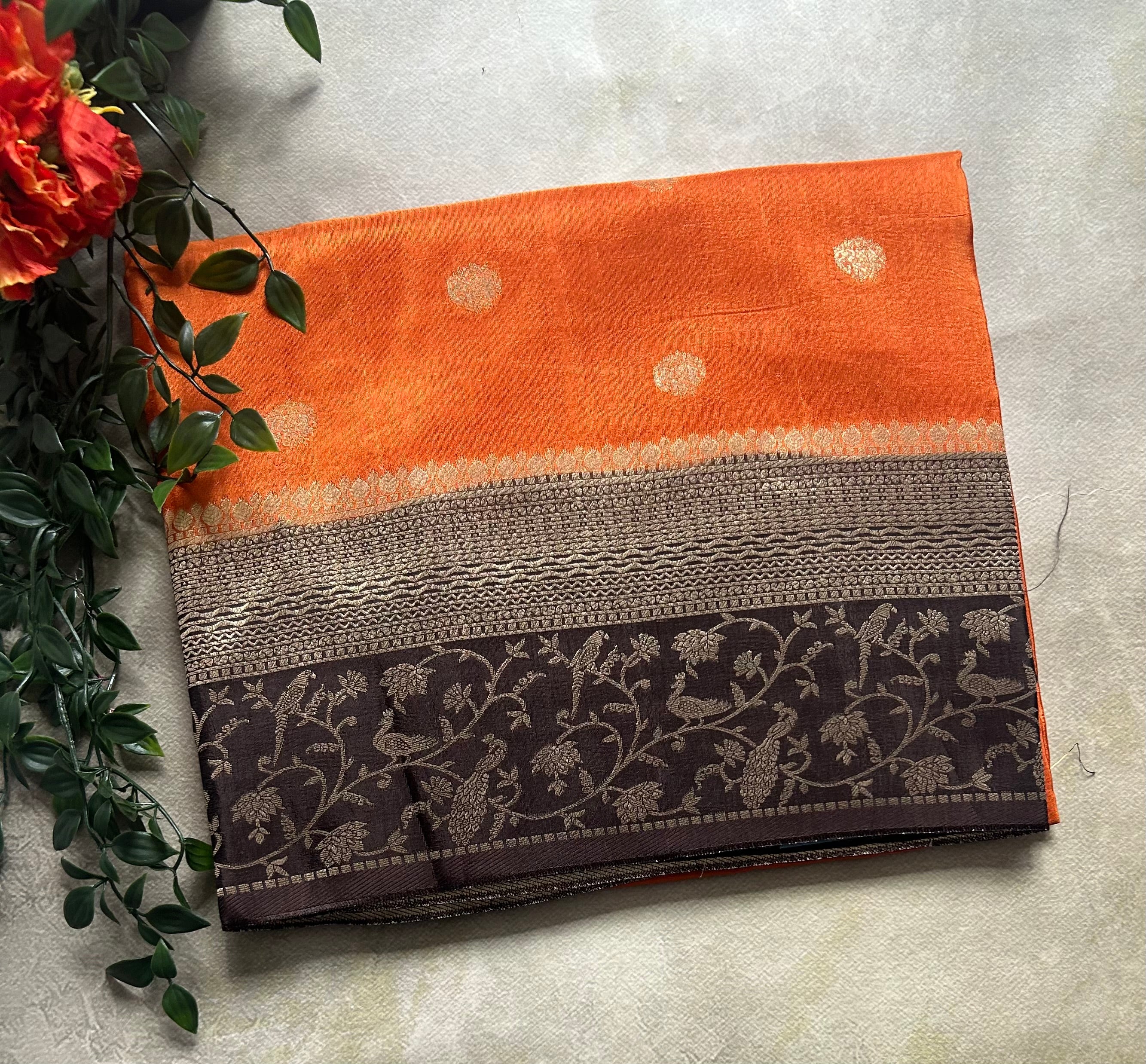 Rust orange small Butta satin crepe 103 saree