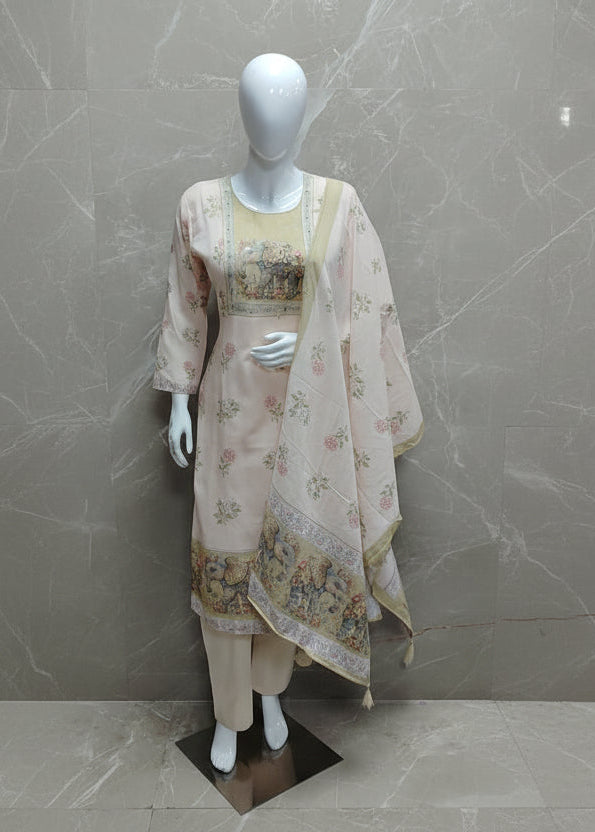 Cream Cotton Hand Embroidery Straight Fit Kurtha