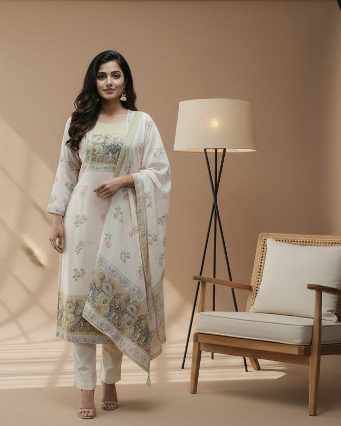 Cream Cotton Hand Embroidery Straight Fit Kurtha