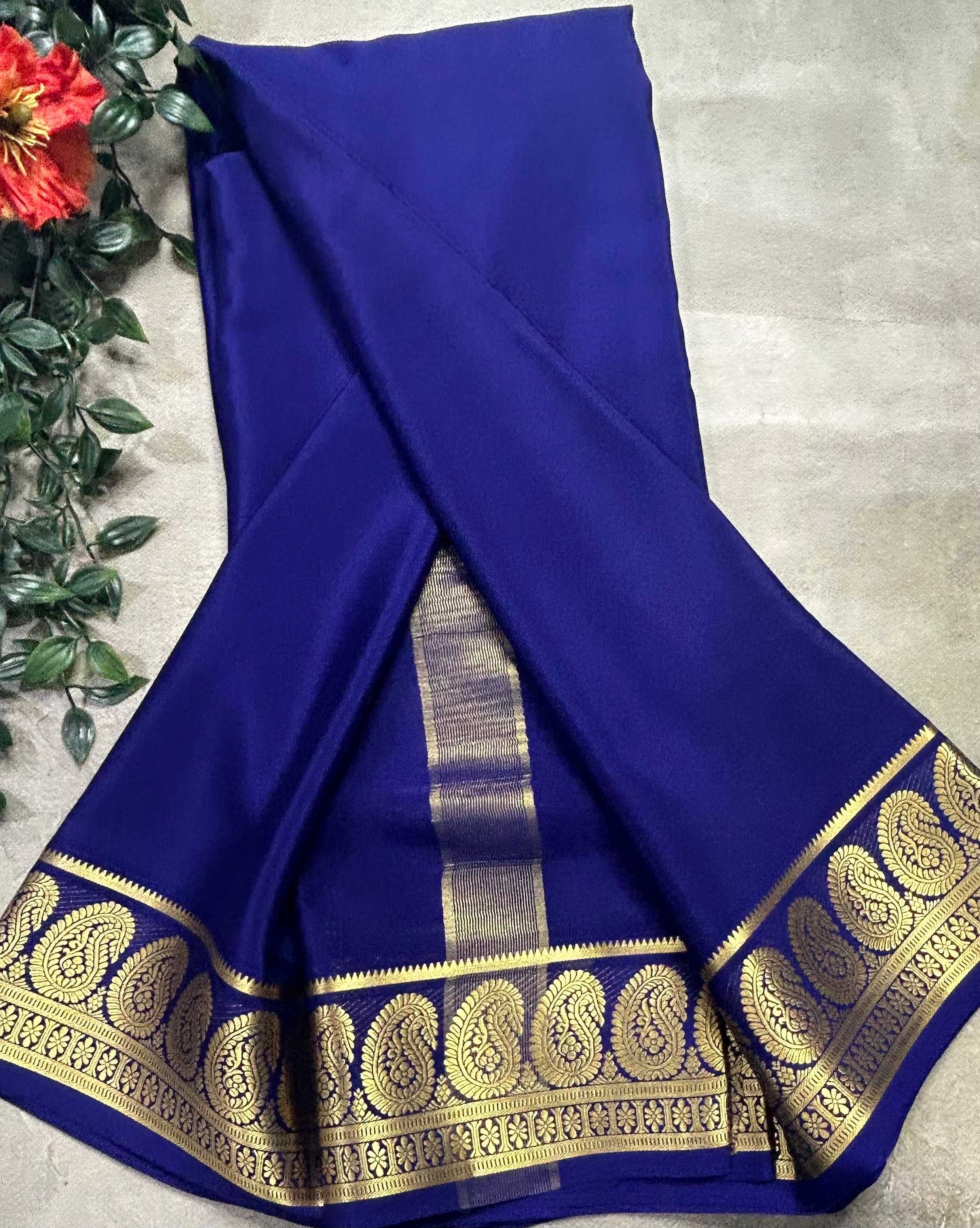 Navy blue plain mango border pure Mysore silk 105 saree