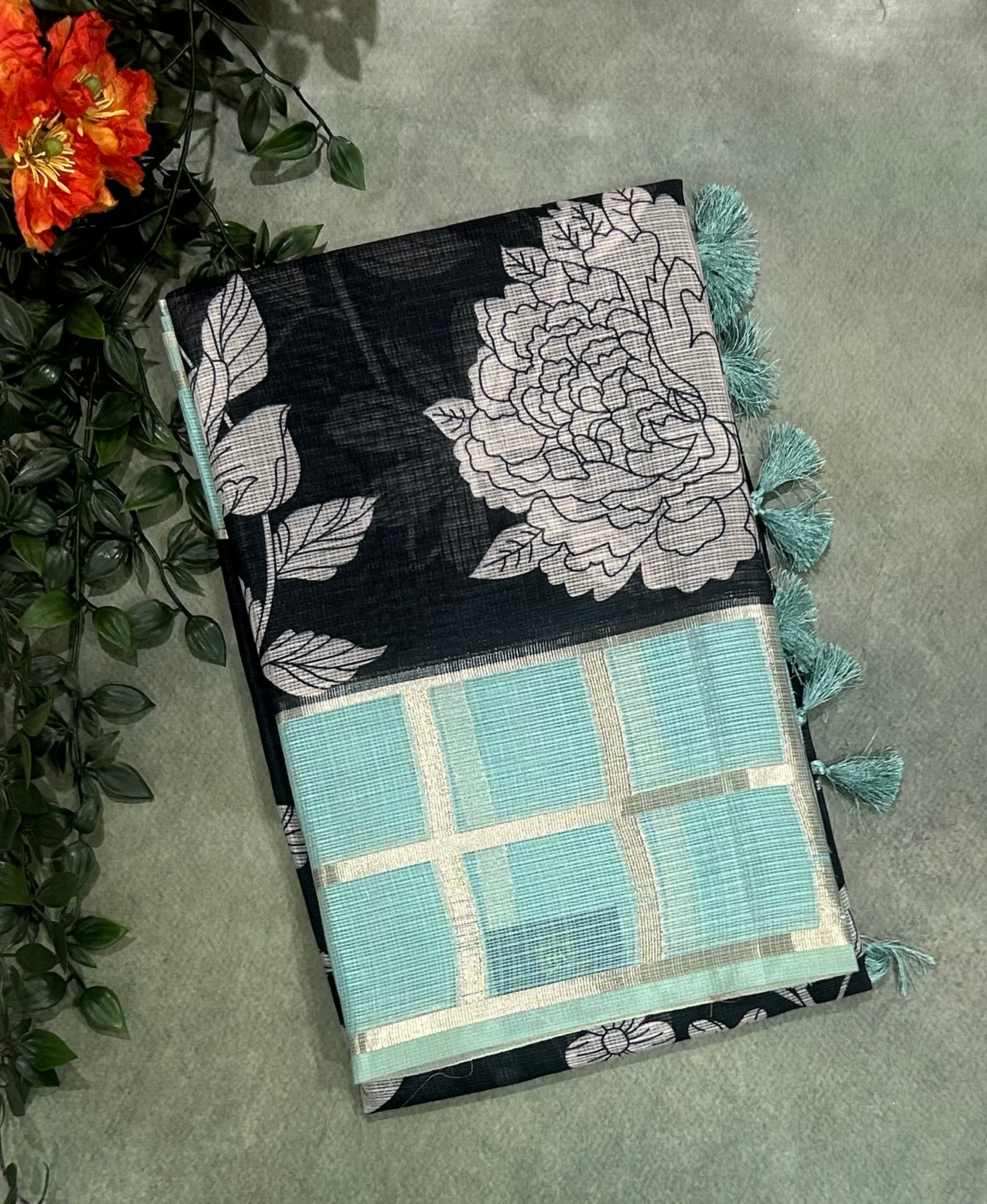 Black n aqua green Kota checks 103 saree