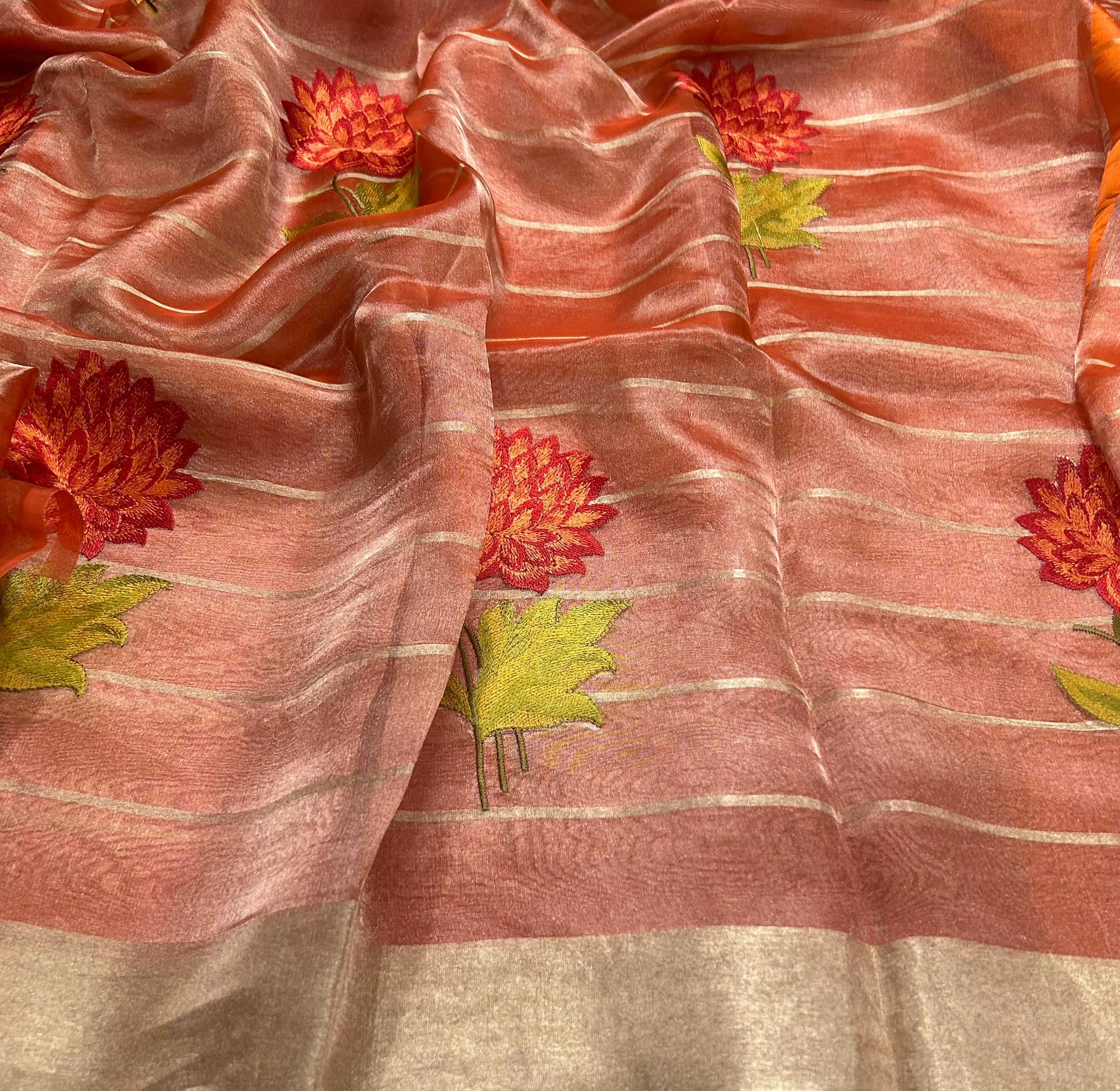 Red floral embroidery work pure tissue organza 105 saree
