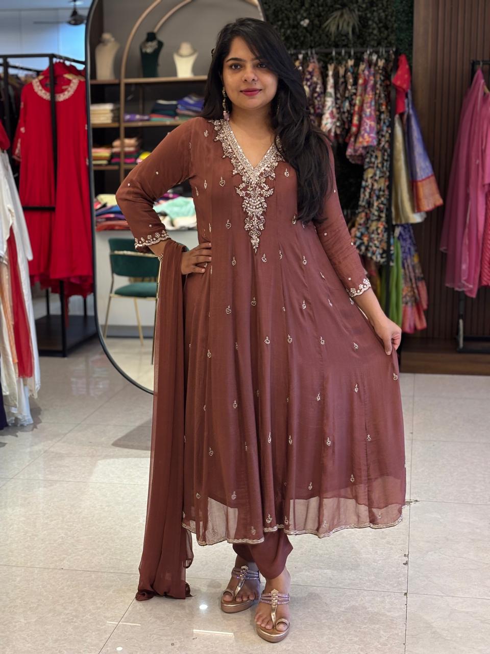 Brown Anarkali Chinnon Hand Embroidery Kurtha 567