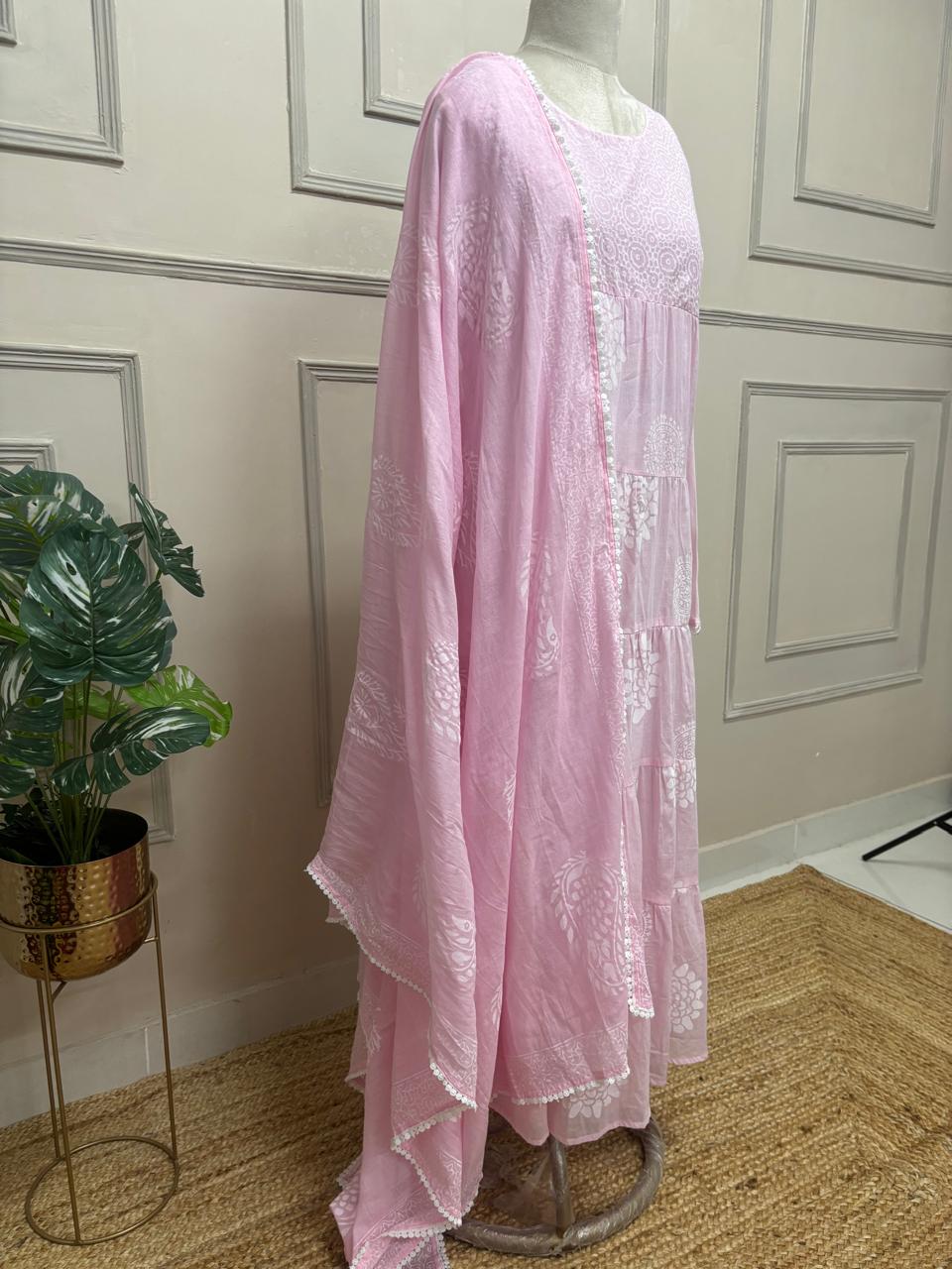 Pink Mul Cotton Block Print Anarkali Kurtha 98