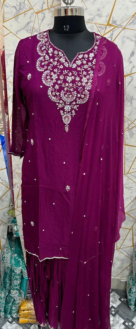 "PARI"  Wine Designer Kurtha Set with Handwork and Palzoo Pant