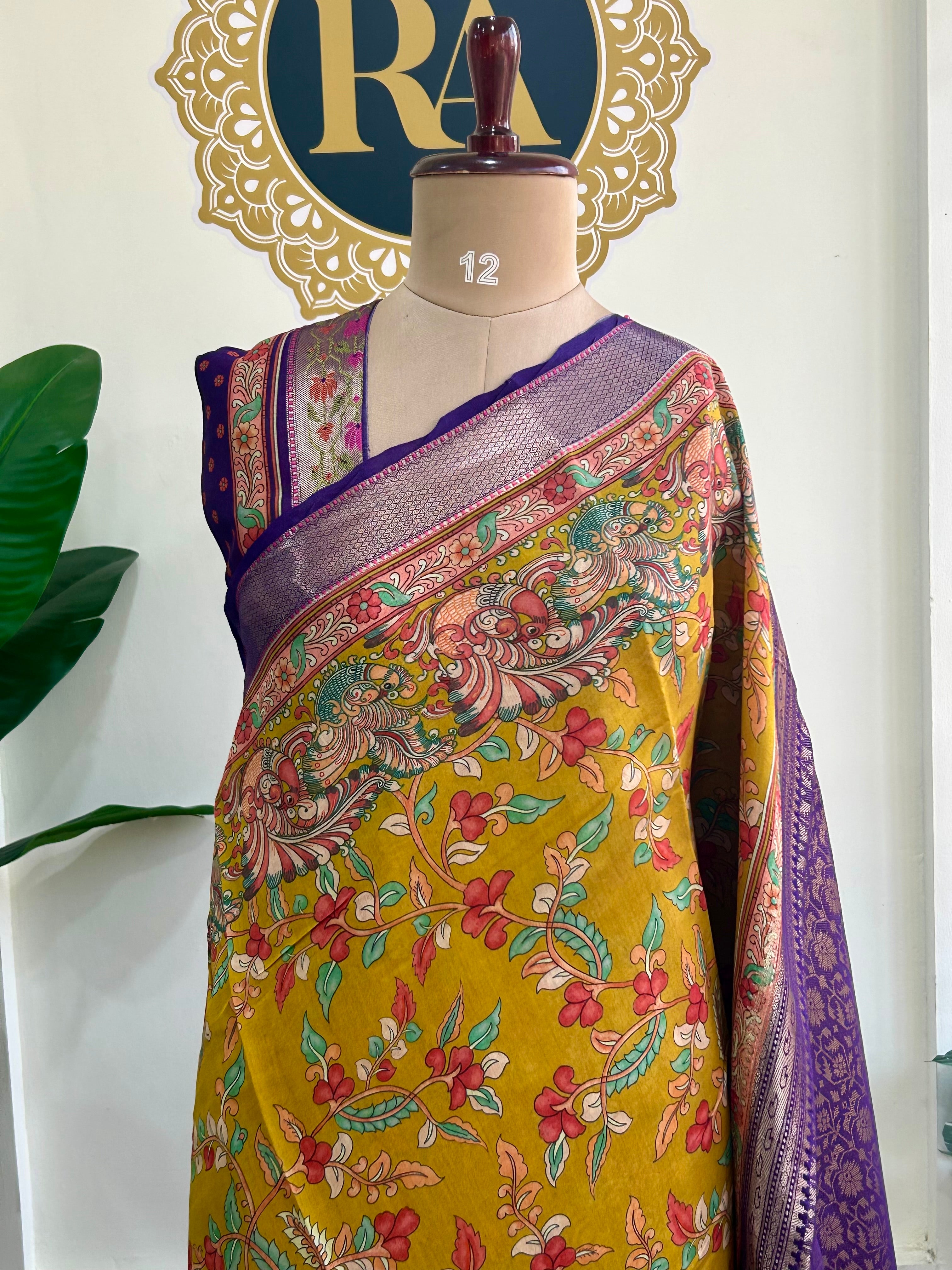 Mustard yellow n purple bb kalamkari Chanderi saree