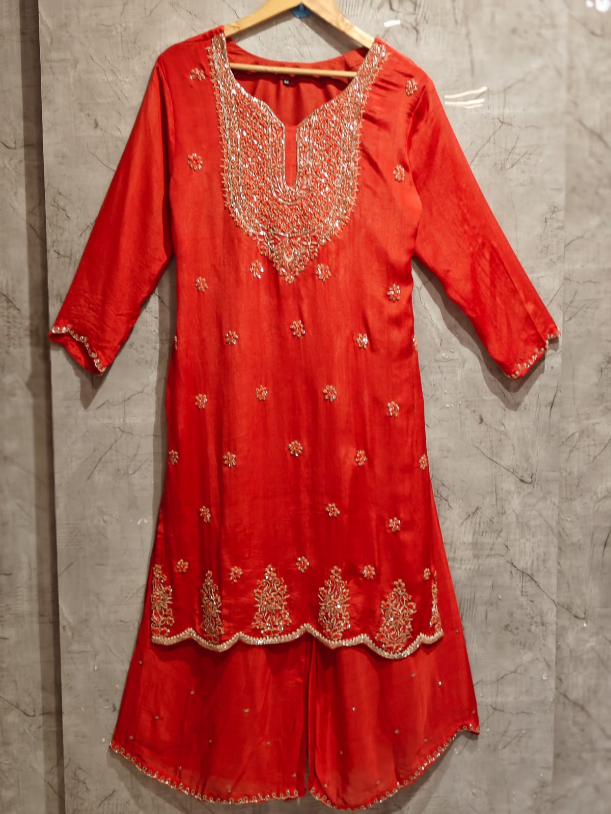 Red Chinnon Hand Embroidery Sharara Kurtha