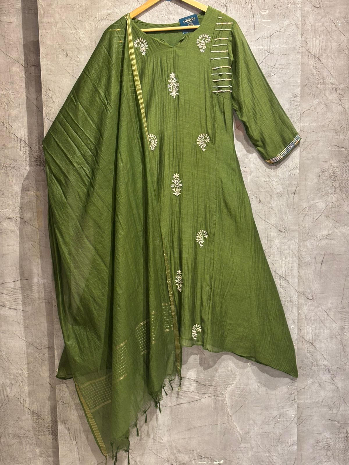 Green Mul Chanderi Hand Embroidery Anarkali Kurtha 999