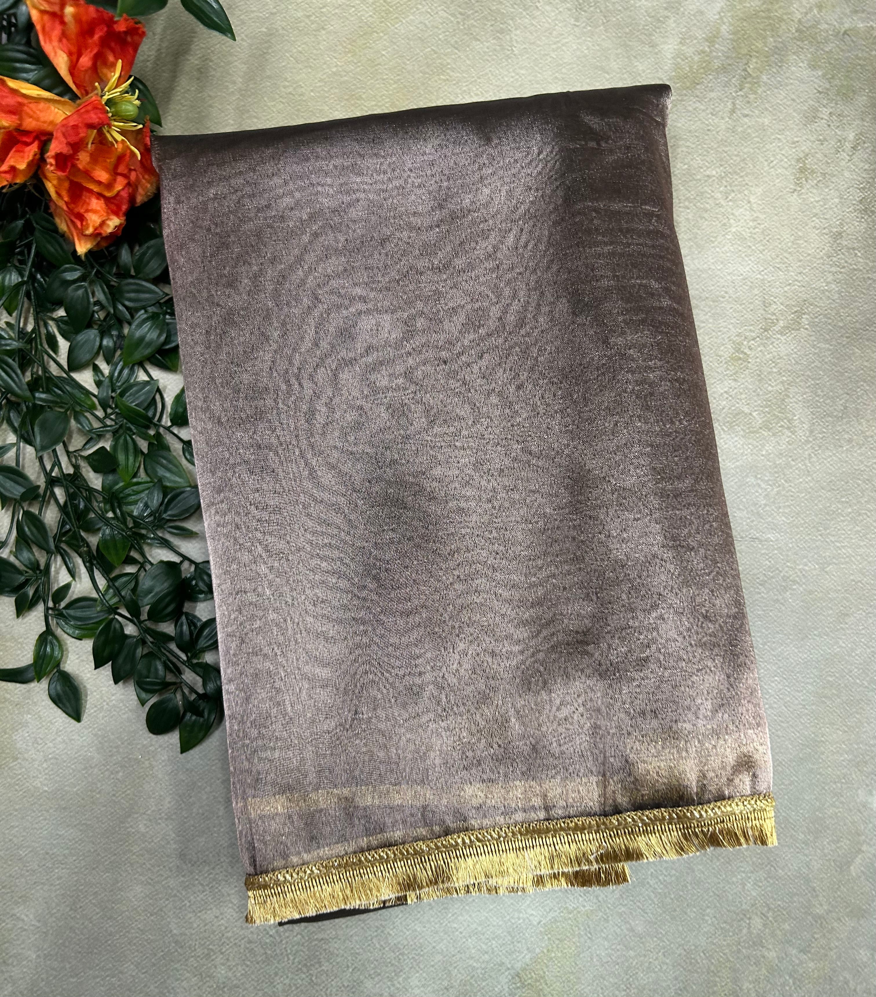 Pastel brown lace work Border saree