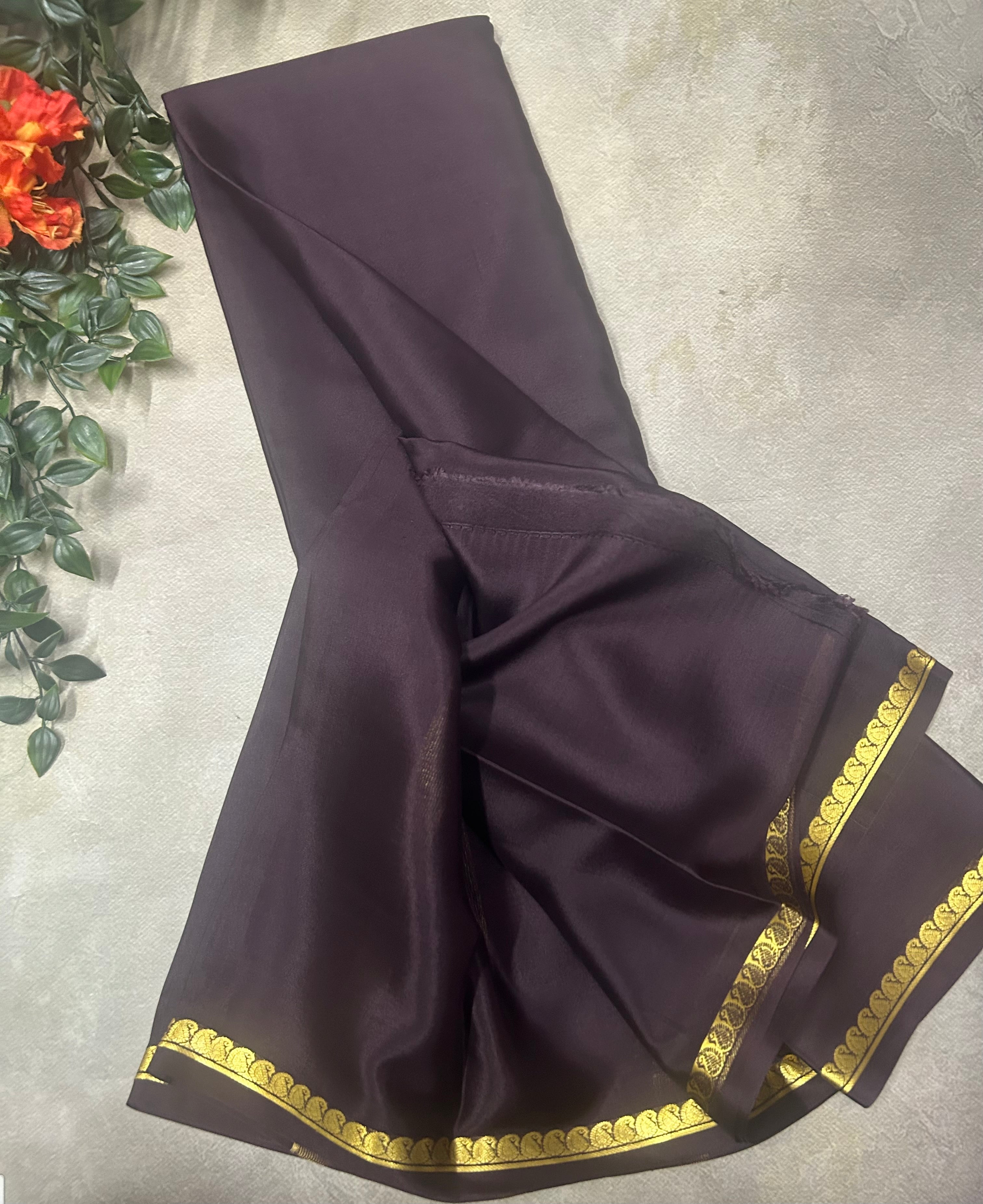 Dark brown small border pure Mysore silk saree