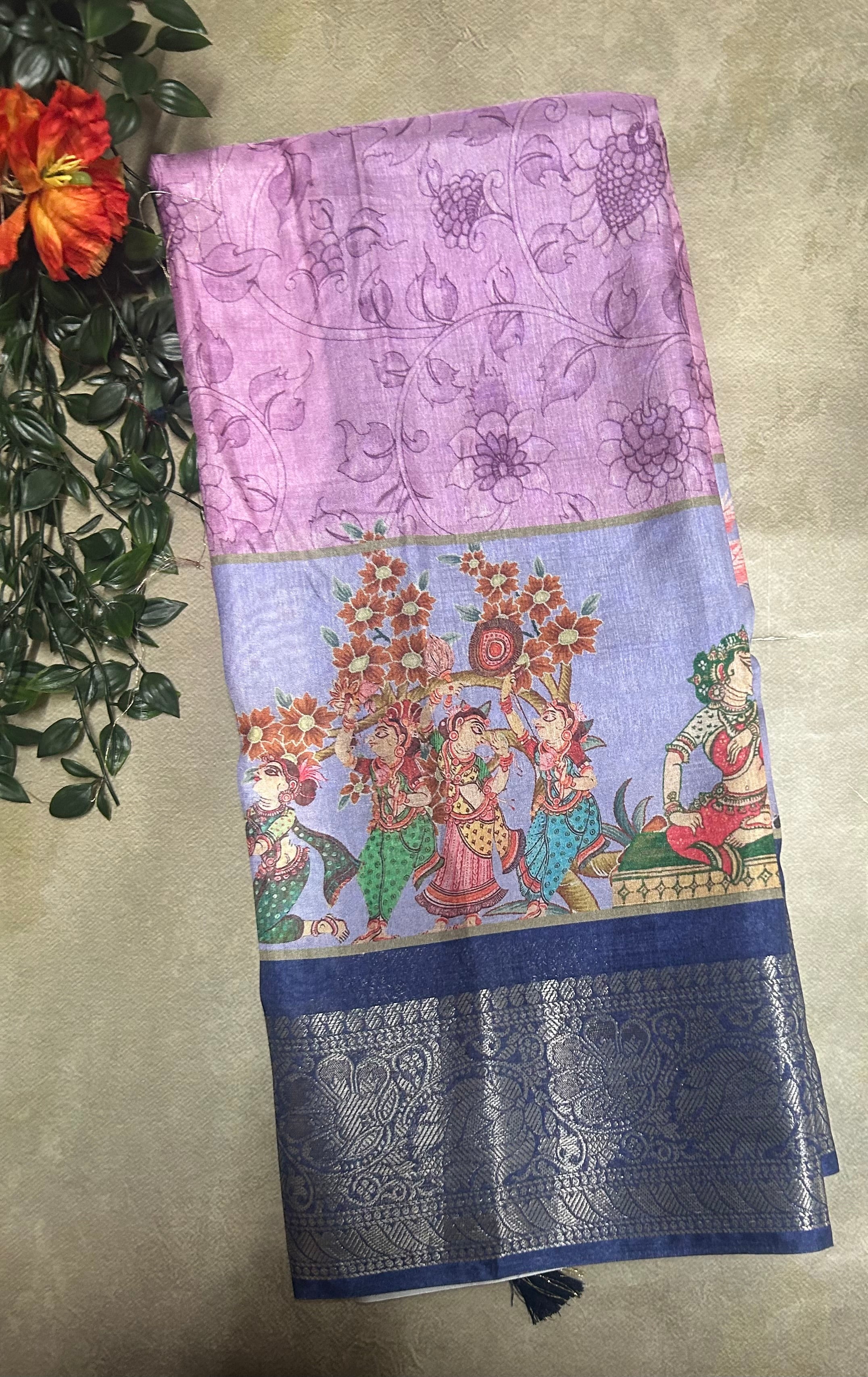 Pastel pink Digital print Semi Tussar saree