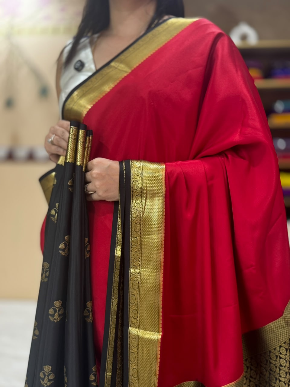 Red n black partly pallu pure Mysore silk saree PP106 (Copy)