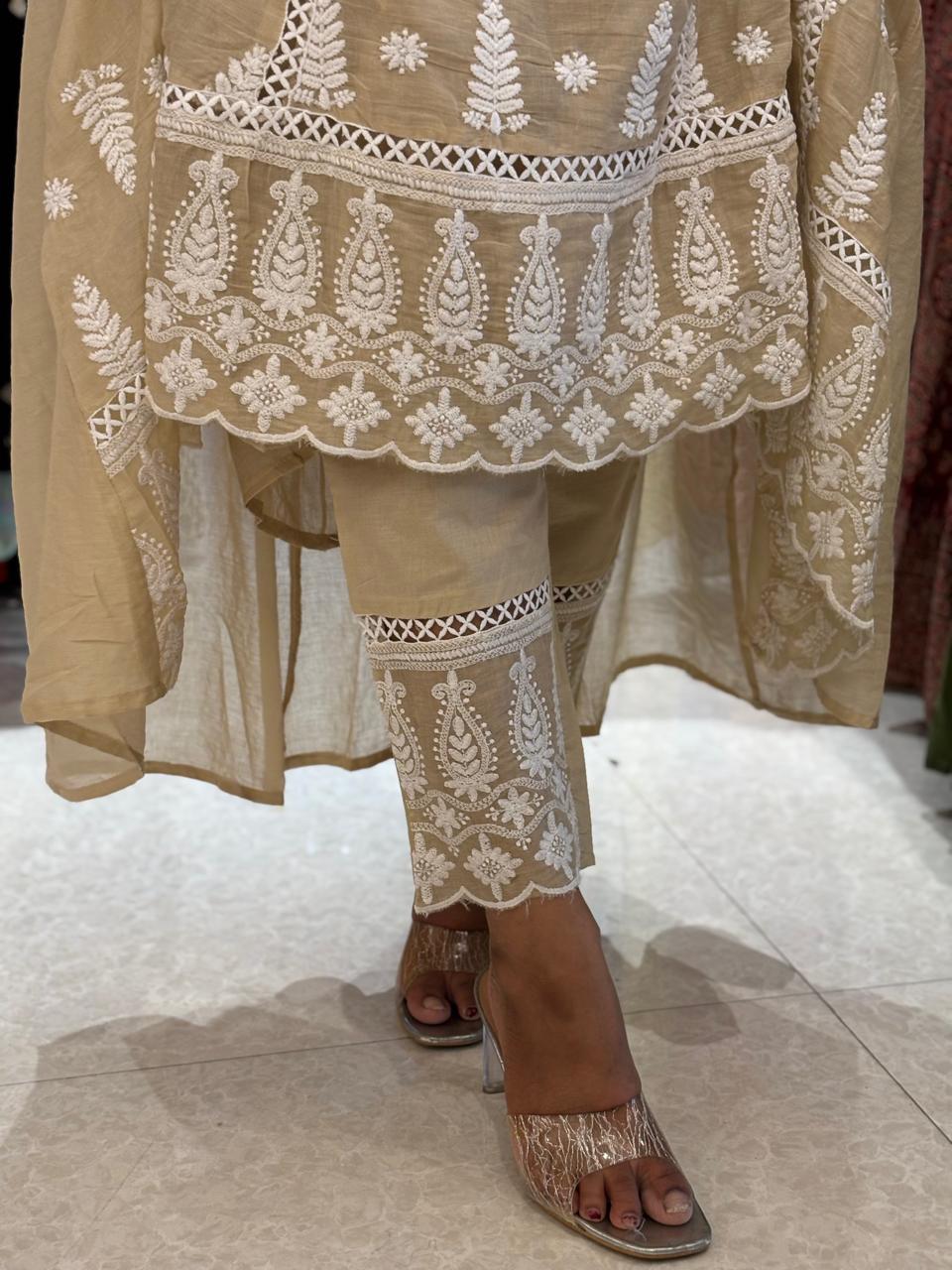 Beige Cotton Hakkoba Work Anarkali Kurtha 459