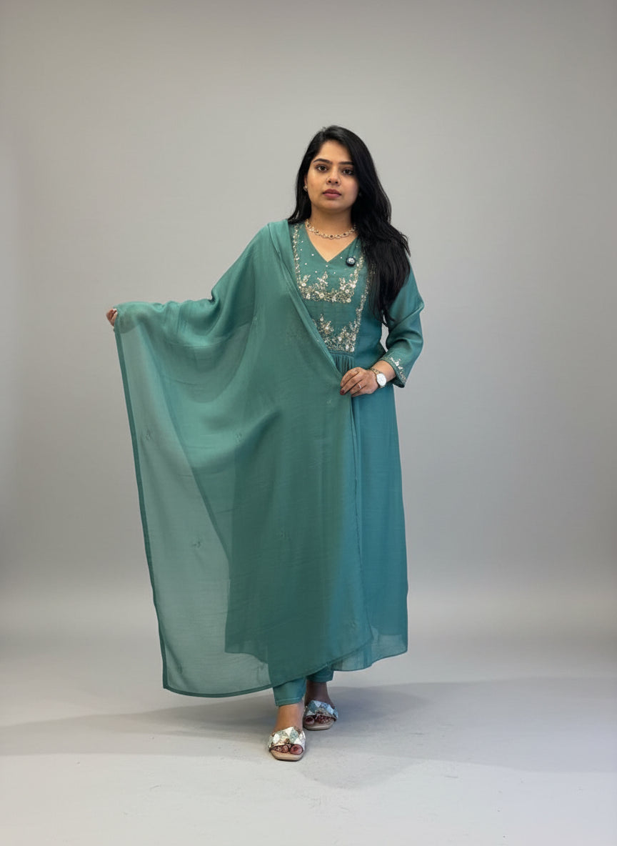 Green Mul Chanderi Silk Anarkali Handwork Kurtha Set 111
