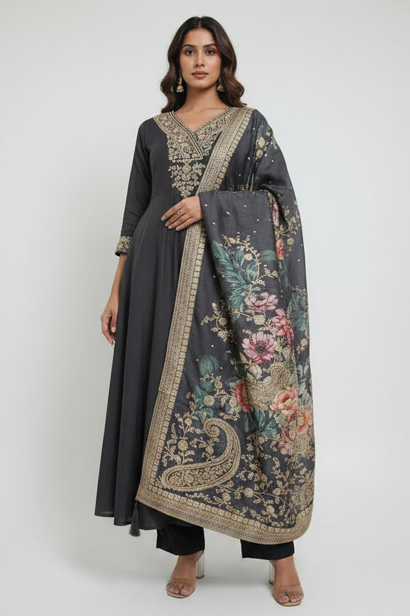 Black Mul Chanderi Hand Embroidery A Line Kurtha 686