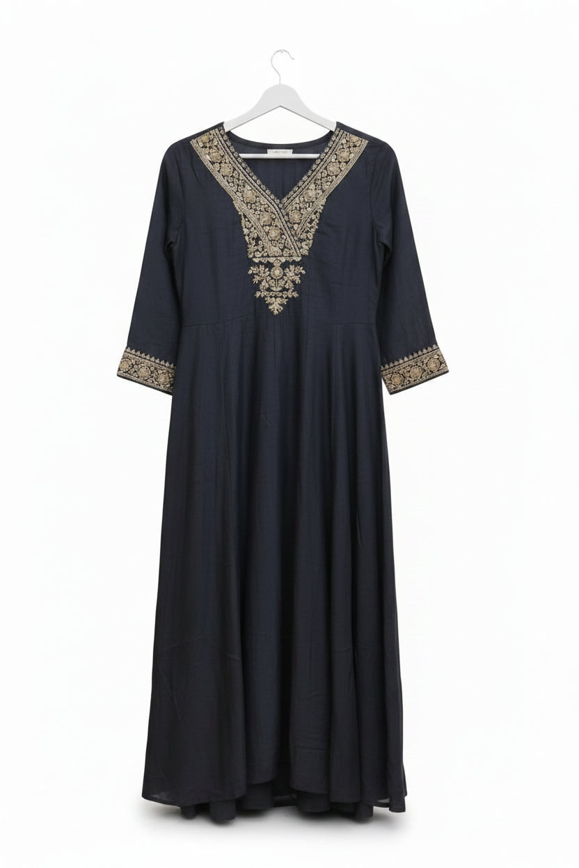Black Mul Chanderi Hand Embroidery A Line Kurtha 686