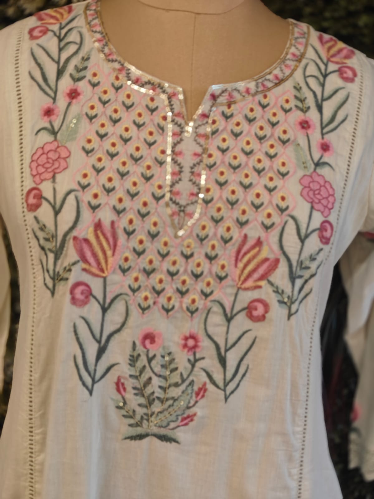 White Mul Cotton Hand Embroidery Anarkali Kurtha 203