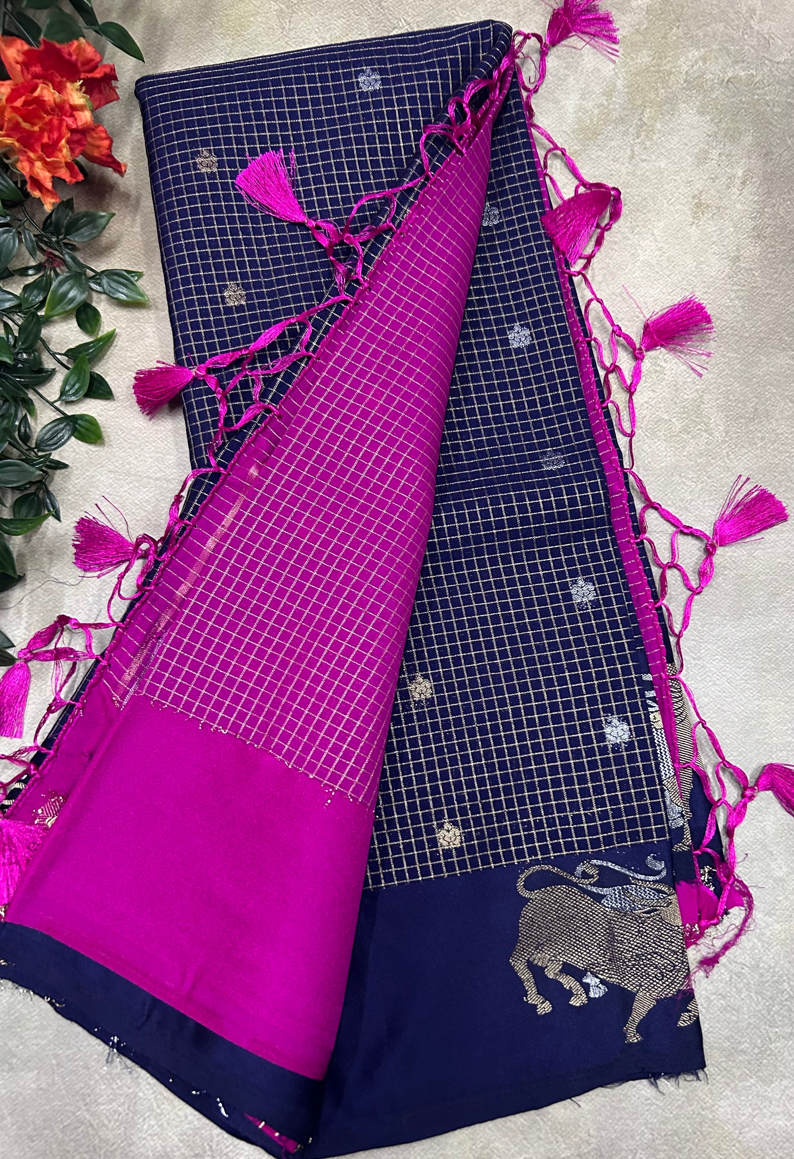 Navy blue small checks semi Mysore crepe saree(SMC106)