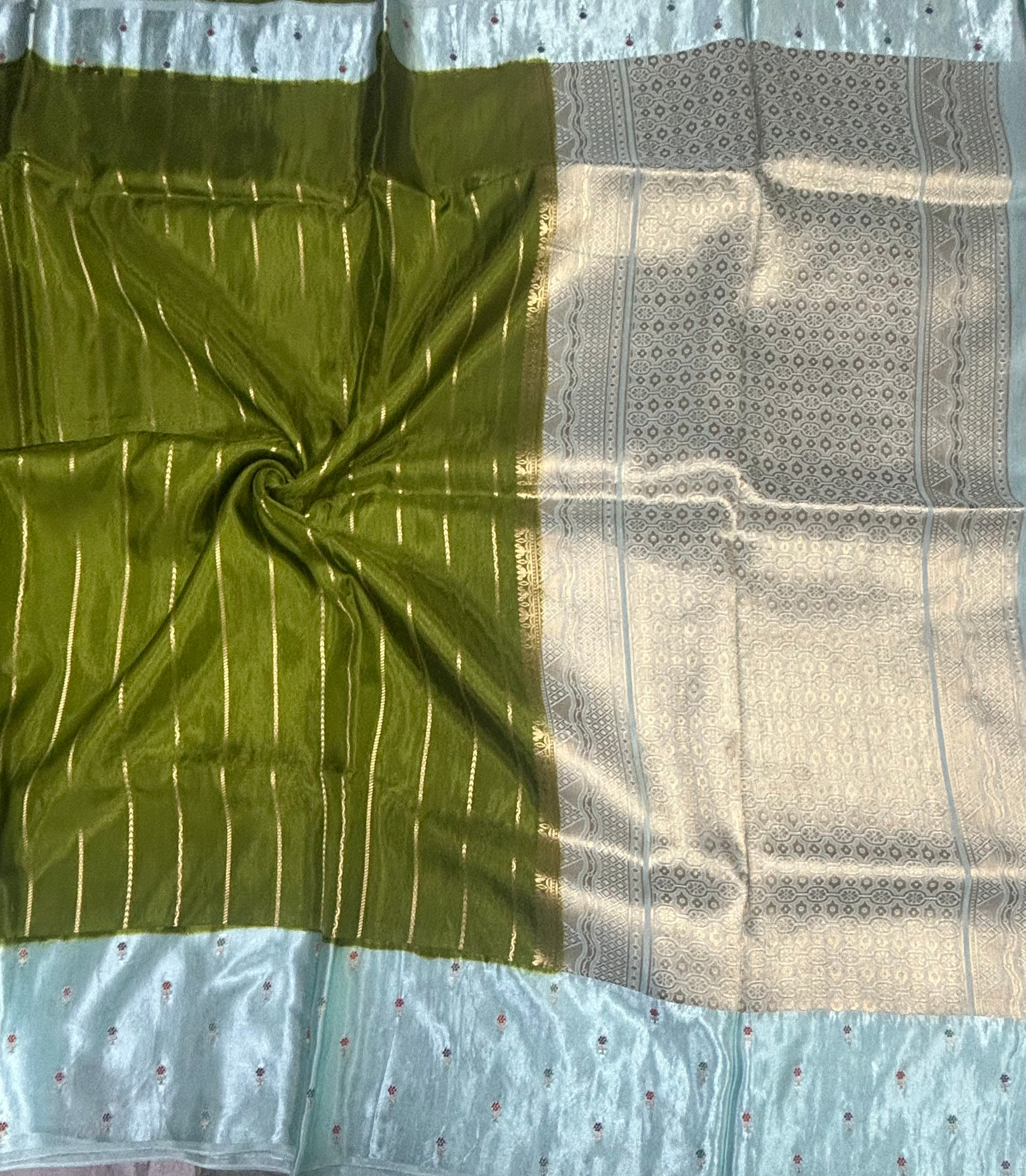 Leaf green contrast satin border semi Mysore crepe 105 saree