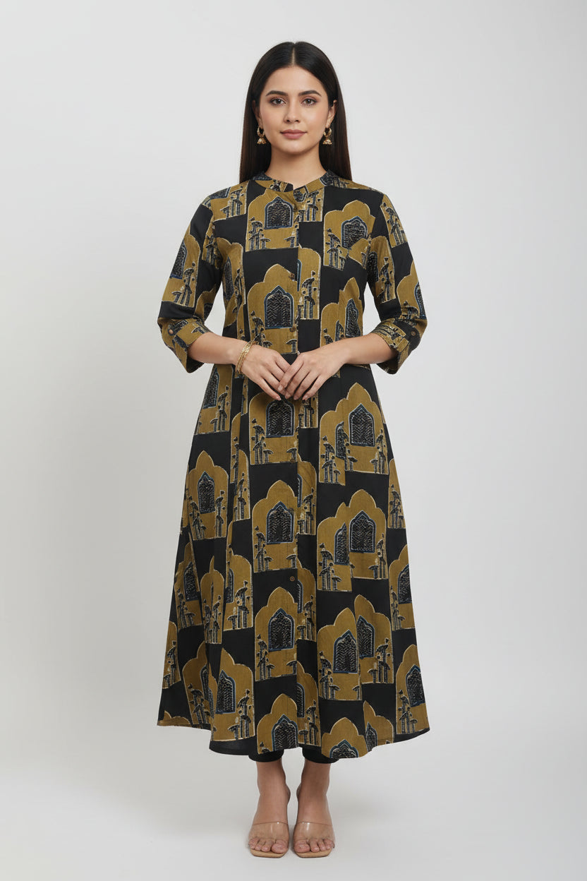 Green Cotton Block Print Airline Cord Set Kurtha