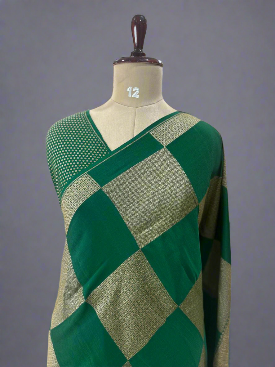 Bottle green big checks-08 pure banaras crepe silk saree