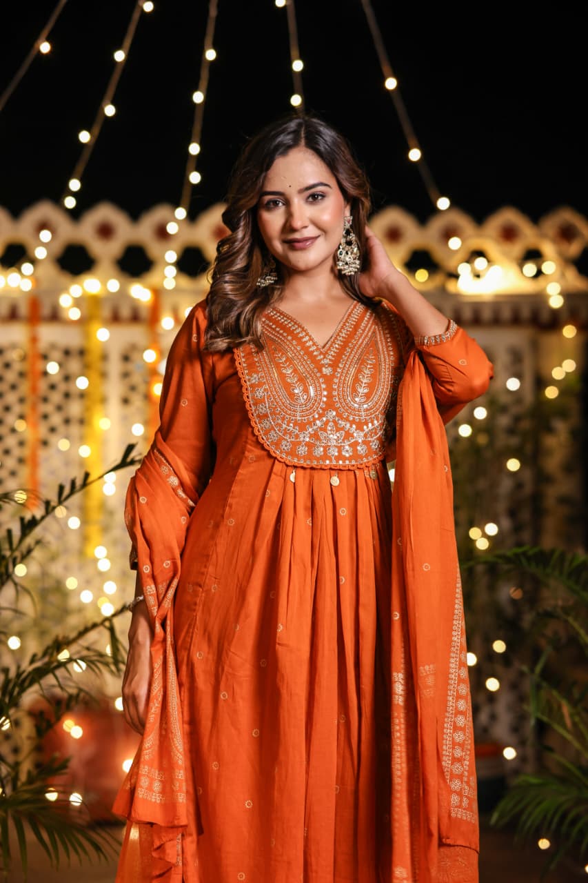 Orange Cotton Hand Embroidery Airline Kurtha 677