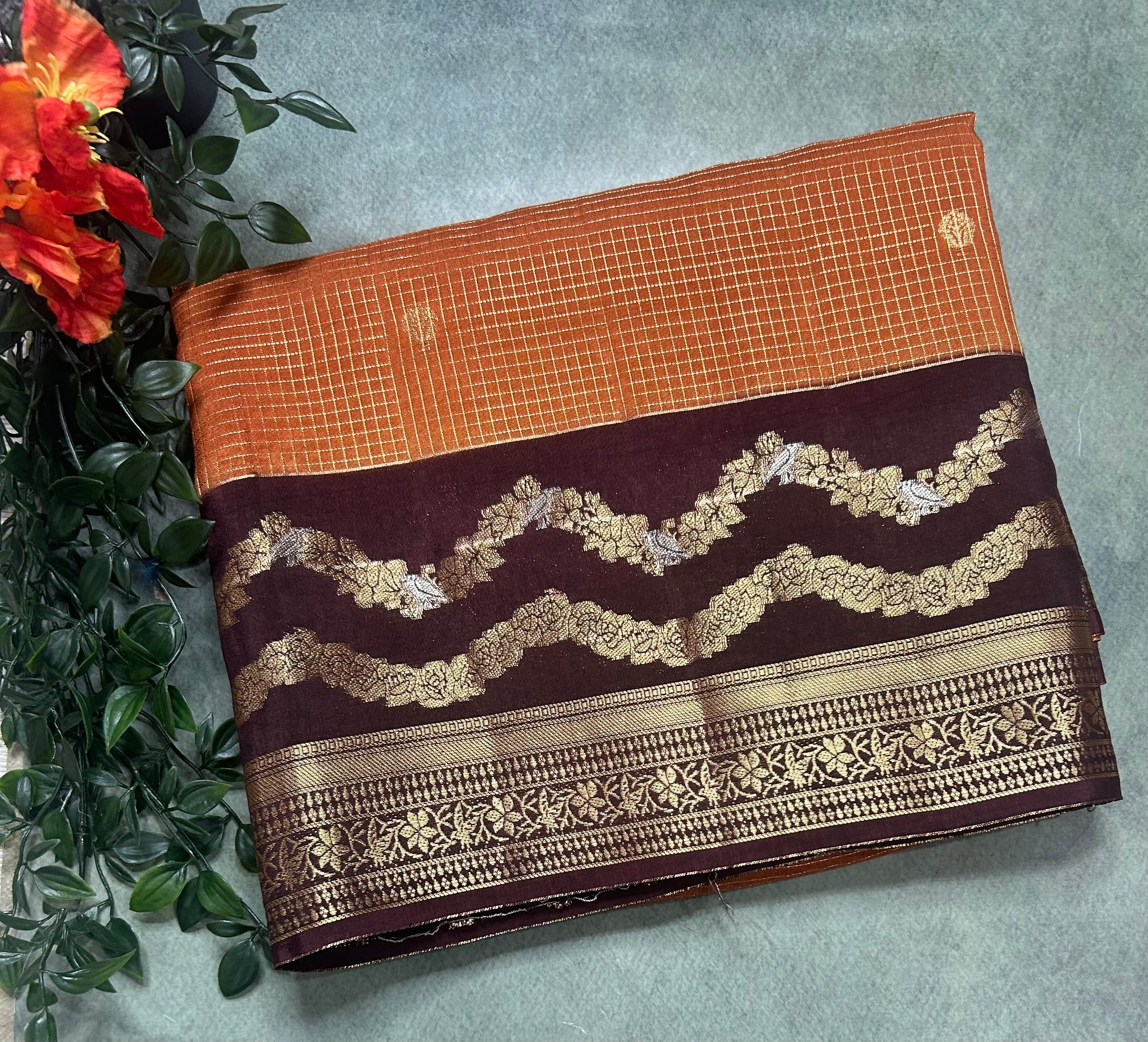 Rust orange small checks semi Mysore 105 saree