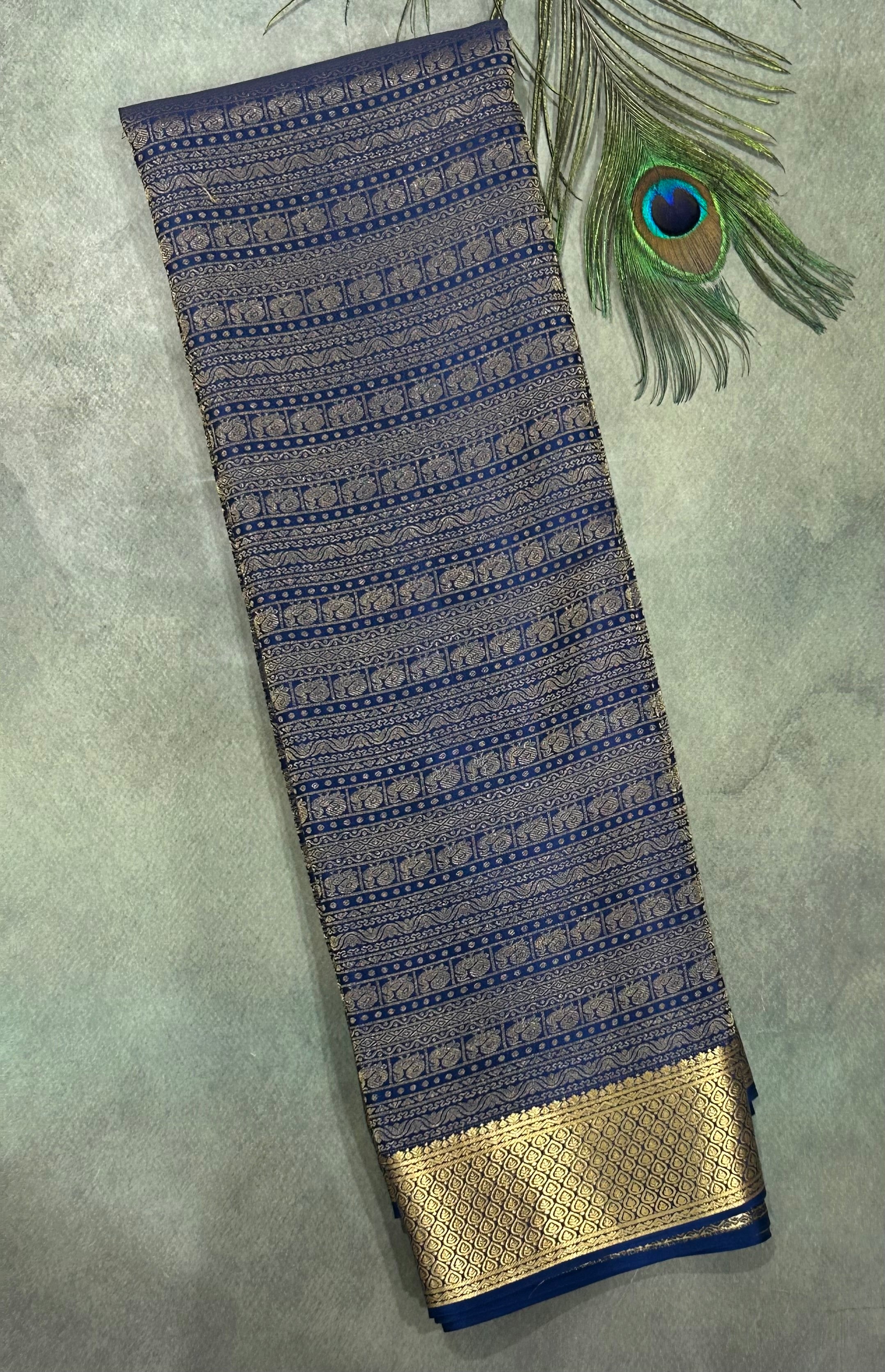 Navy blue brocade pure mysore crepe silk 102 saree