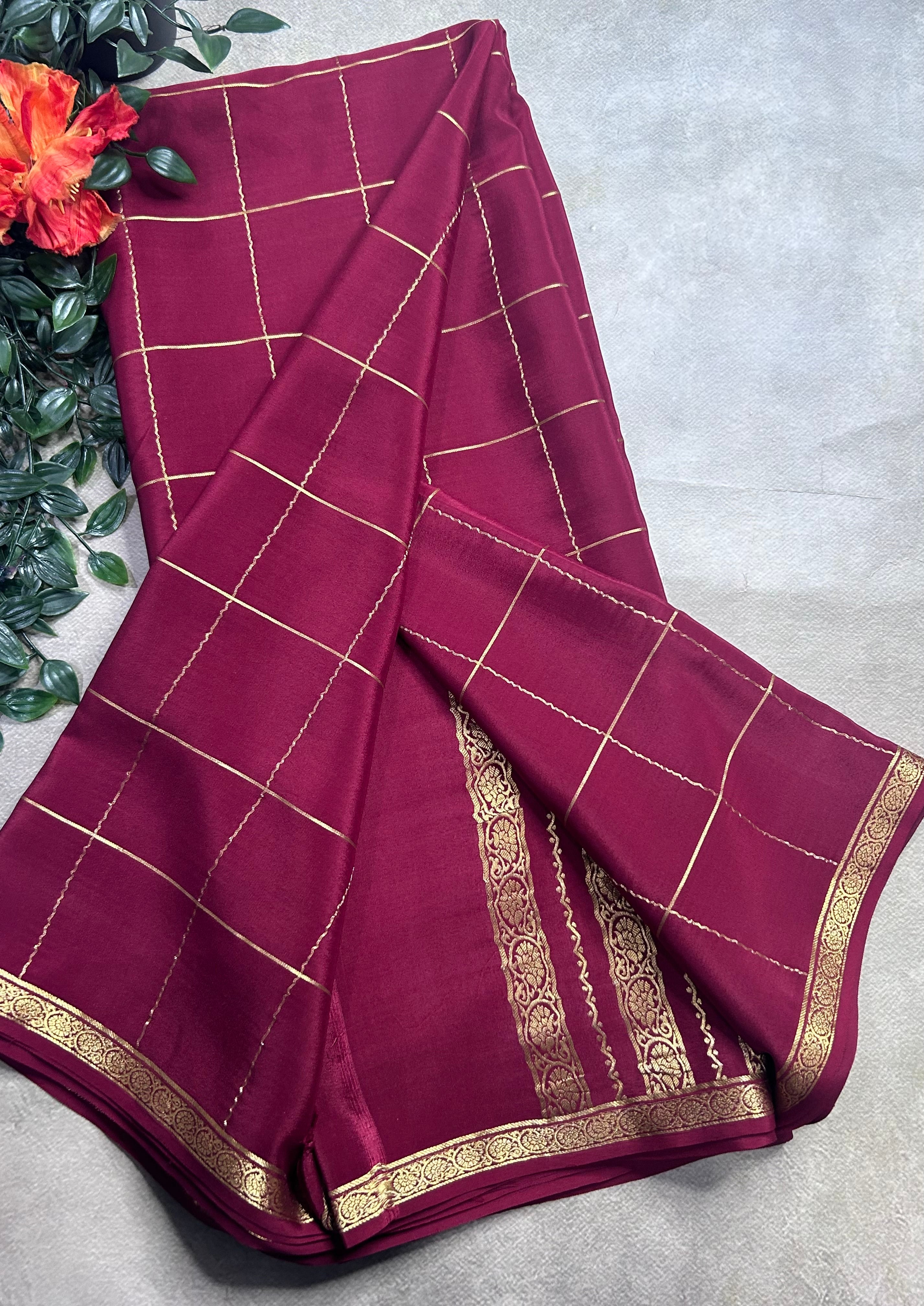 Dark maroon big checks pure Mysore silk 106 saree