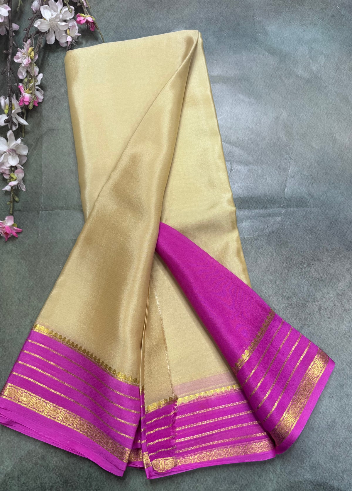 Cream stripes border pure Mysore silk saree