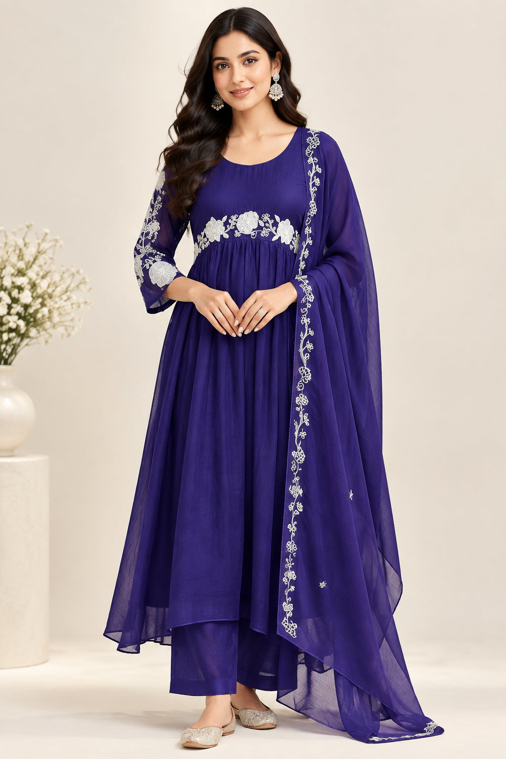 Purple Mul Chanderi Thread Embroidery A Line Kurtha 898
