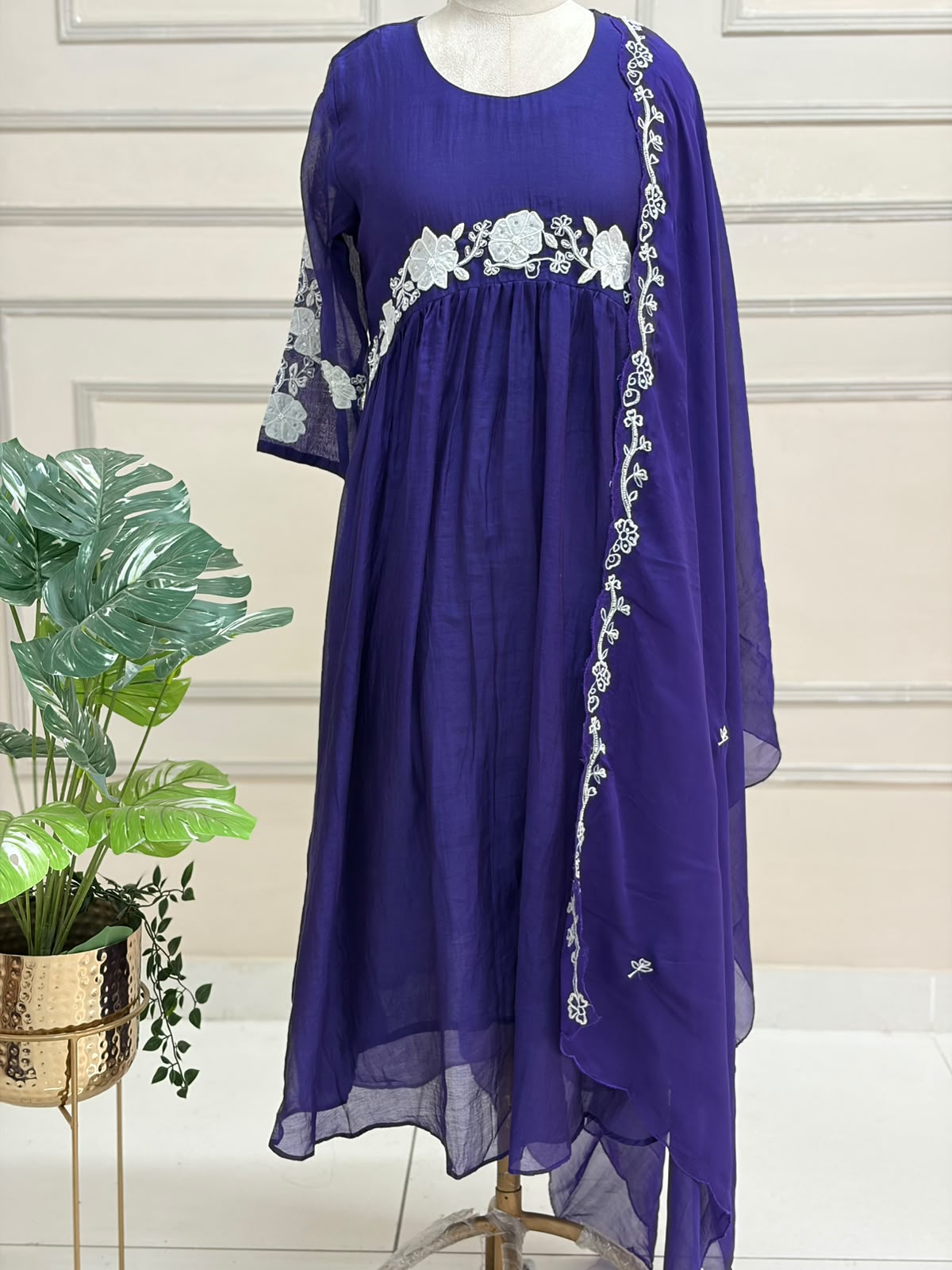 Purple Mul Chanderi Thread Embroidery A Line Kurtha 898
